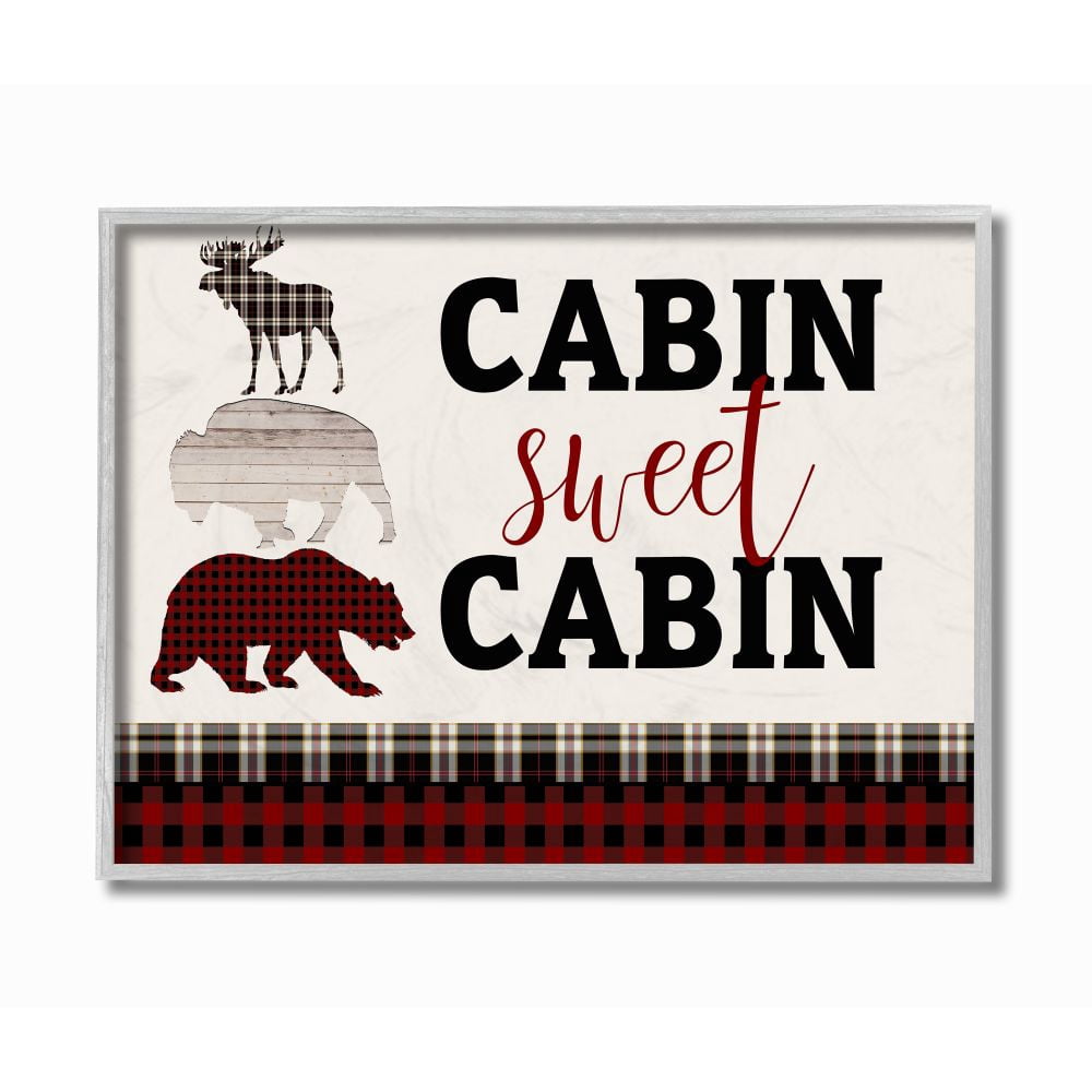 Stupell Industries Cabin Sweet Cabin Words Forest Animals Red Plaid Greeting Framed Wall Art Design by Kim Allen, 16" x 20", Gray Framed