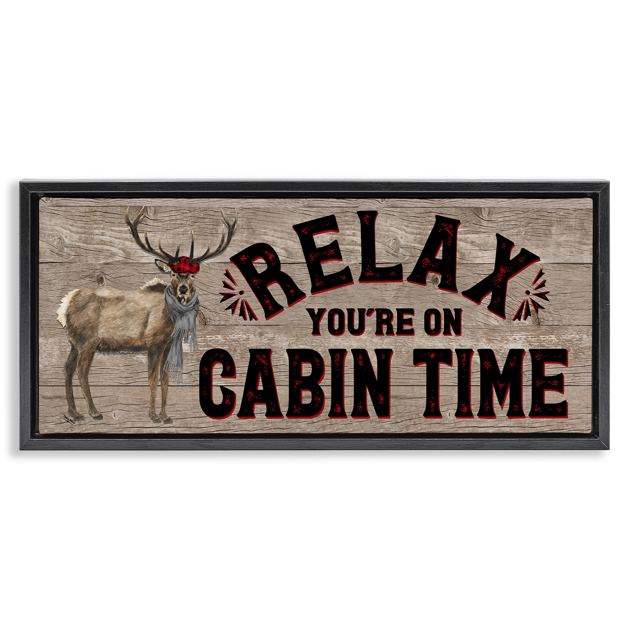 Stupell Industries Cabin Time Phrase with Deer Animals & Insects Painting Black Floater Framed Canvas Art Print Wall Art, 25 x 11