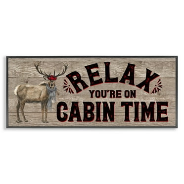 Stupell Industries Cabin Time Phrase with Deer Animals & Insects Painting Black Framed Art Print Wall Art, 24 x 10