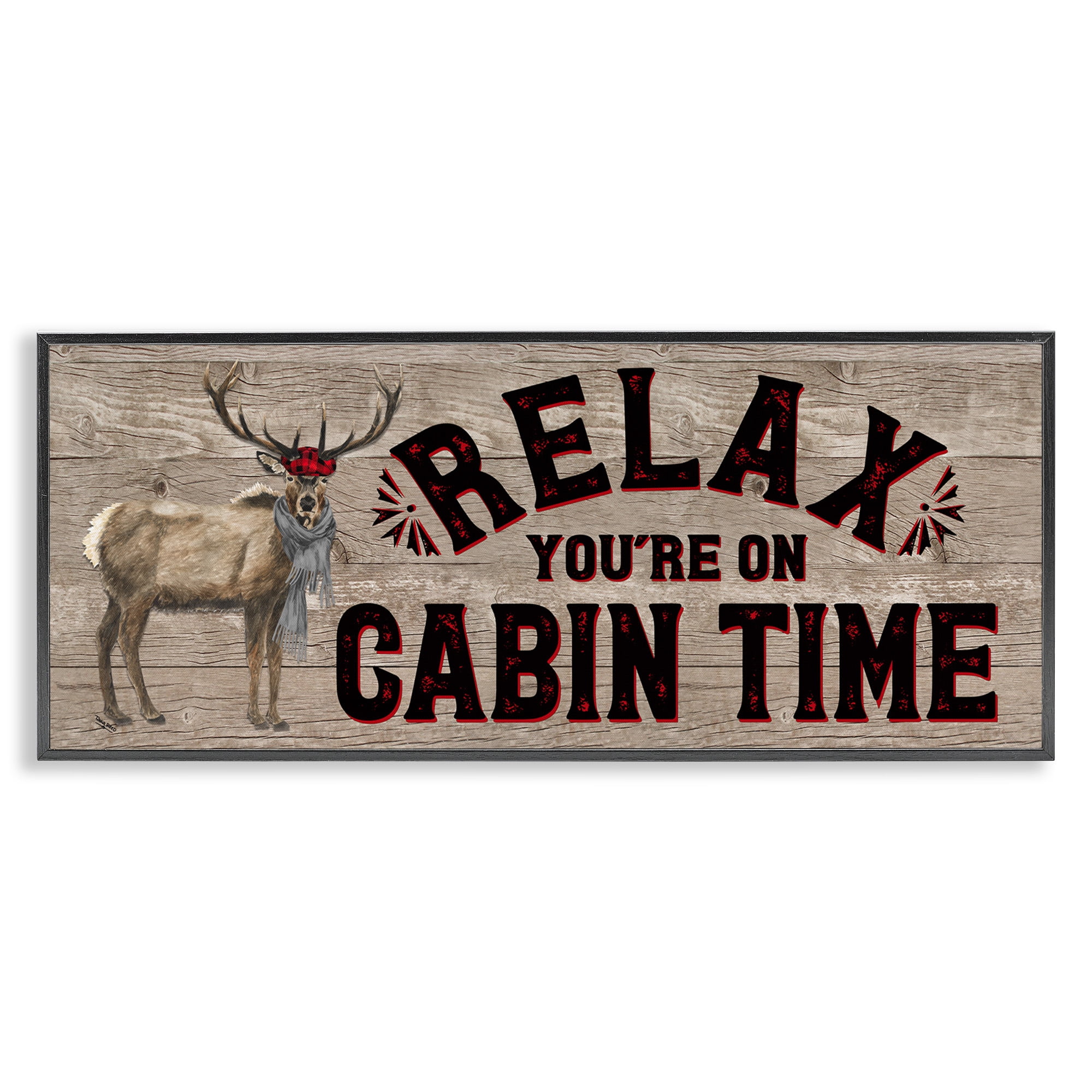 Stupell Industries Cabin Time Phrase with Deer Animals & Insects Painting Black Framed Art Print Wall Art, 30 x 13
