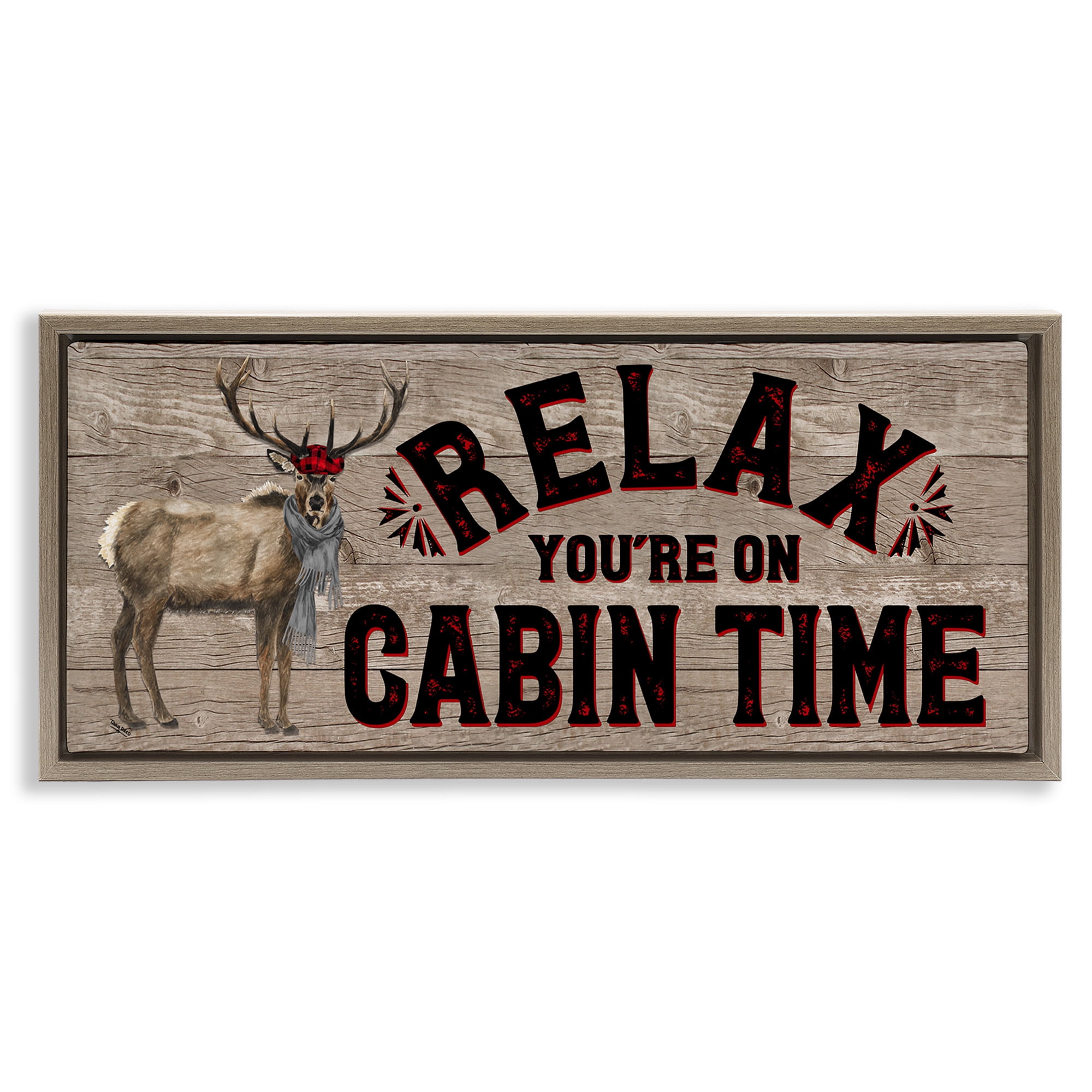 Stupell Industries Cabin Time Phrase with Deer Animals & Insects Painting Brown Floater Framed Canvas Art Print Wall Art, 31 x 14