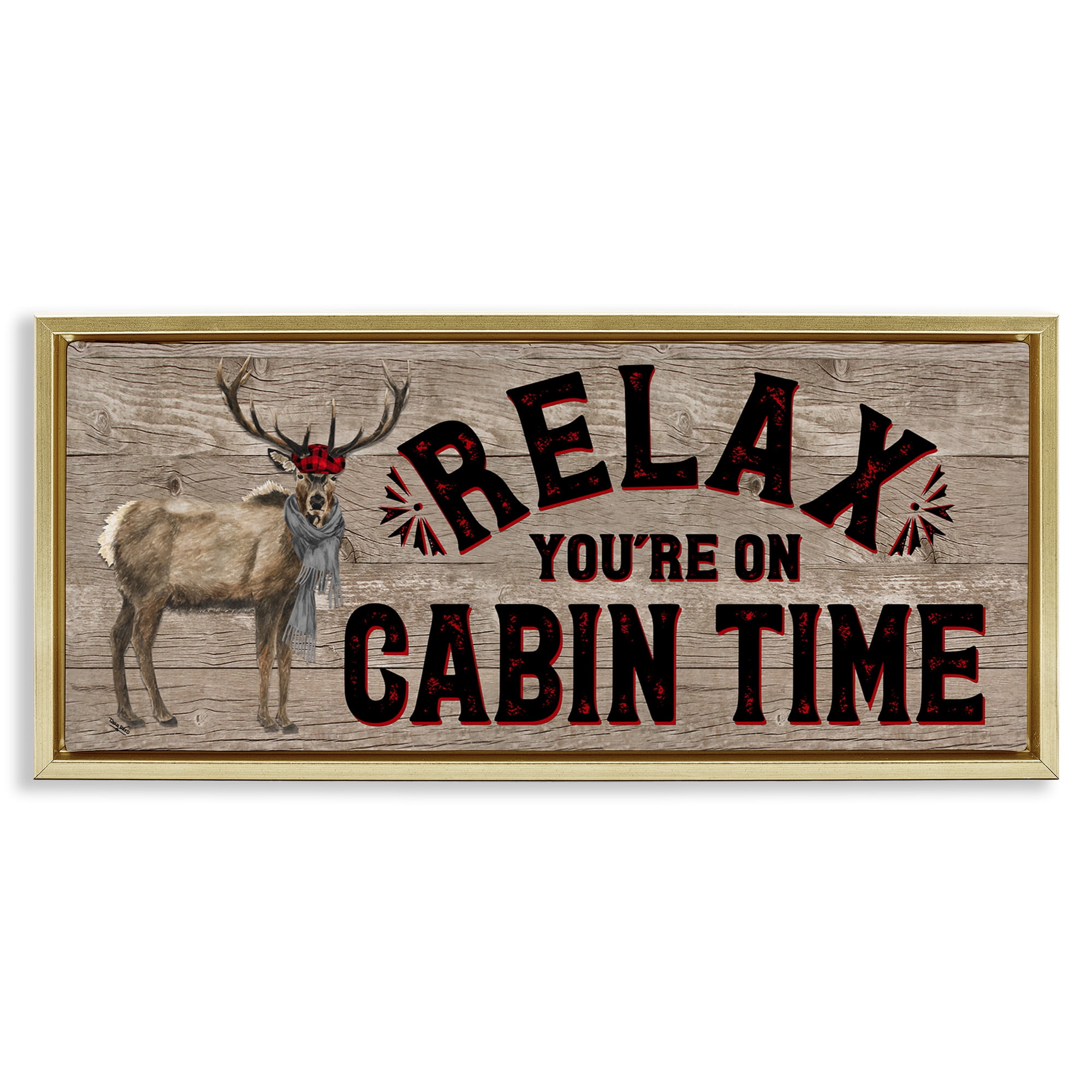 Stupell Industries Cabin Time Phrase with Deer Animals & Insects Painting Gold Floater Framed Canvas Art Print Wall Art, 25 x 11