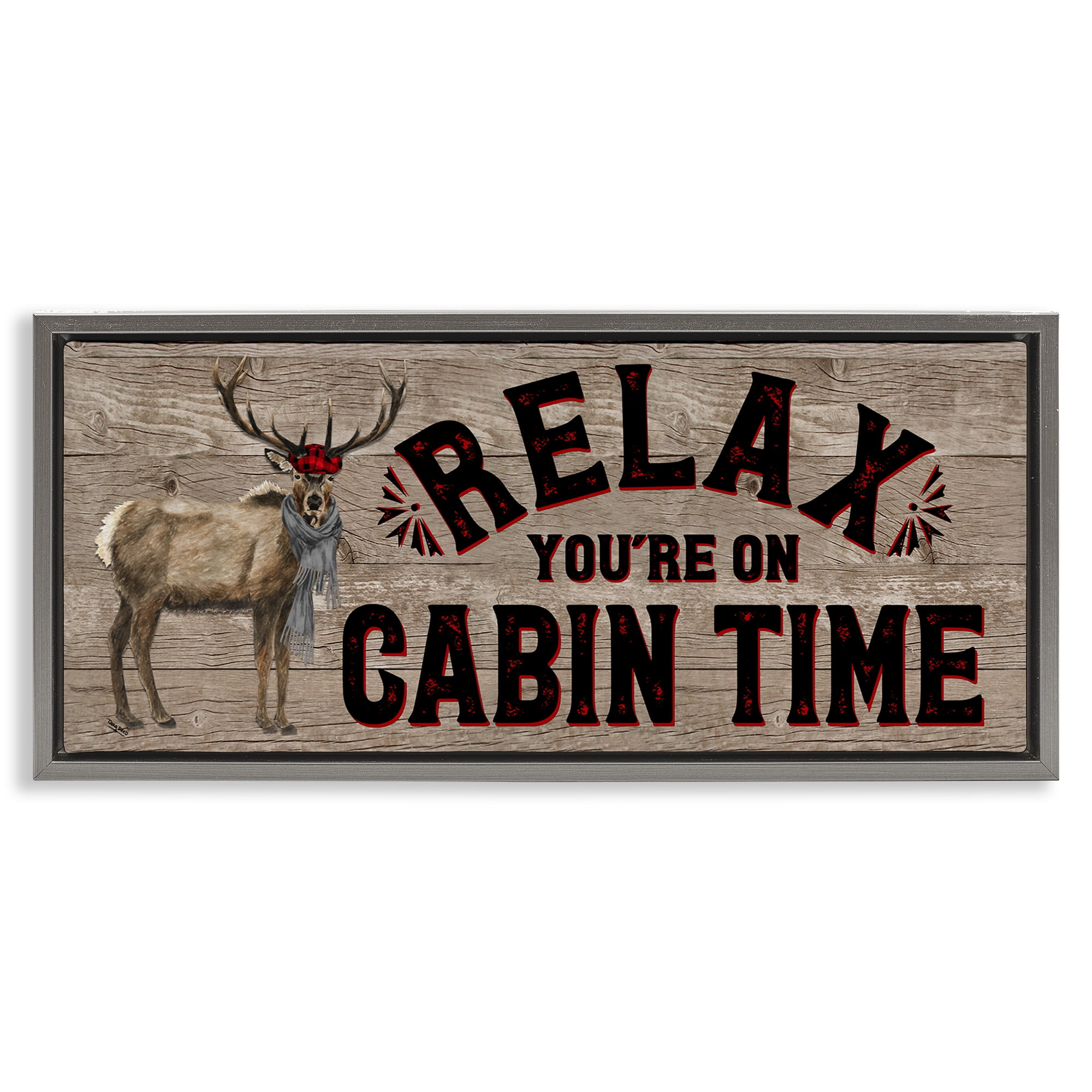 Stupell Industries Cabin Time Phrase with Deer Animals & Insects Painting Gray Floater Framed Canvas Art Print Wall Art, 25 x 11