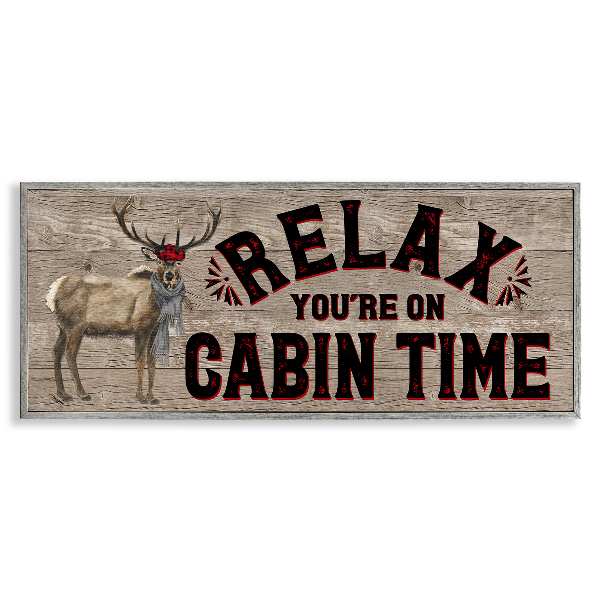 Stupell Industries Cabin Time Phrase with Deer Animals & Insects Painting Gray Framed Art Print Wall Art, 30 x 13