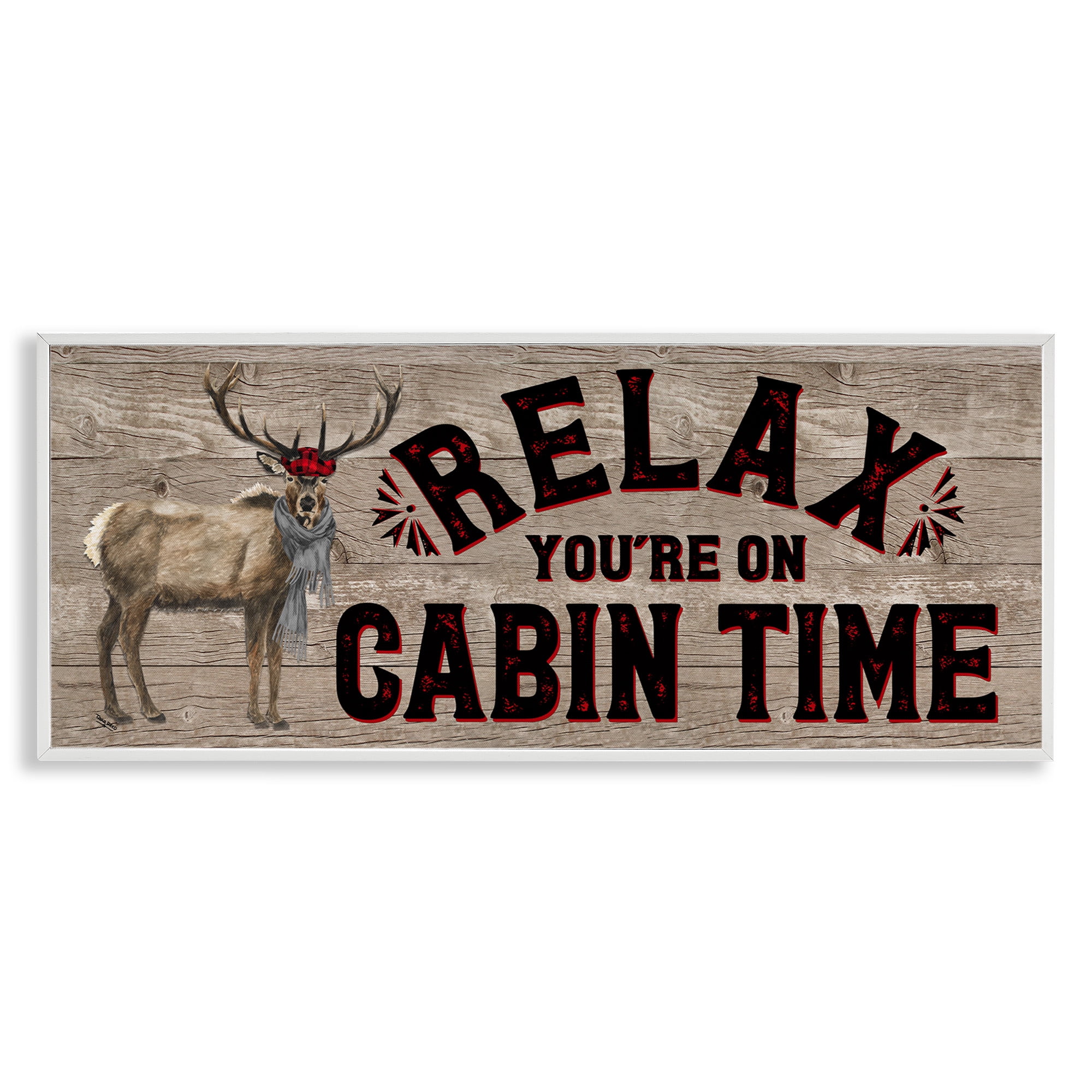 Stupell Industries Cabin Time Phrase with Deer Animals & Insects Painting White Framed Art Print Wall Art, 24 x 10