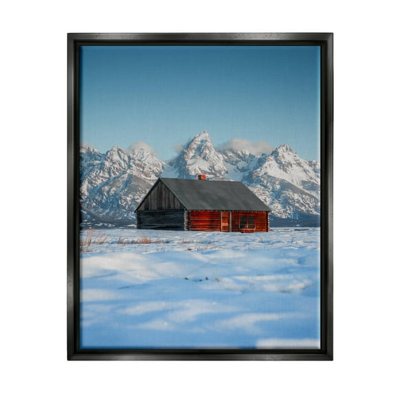 Stupell Industries Cabin in Snowy Mountains Landscape Photography Black Floater Framed Canvas Art Print Wall Art, 17 x 21