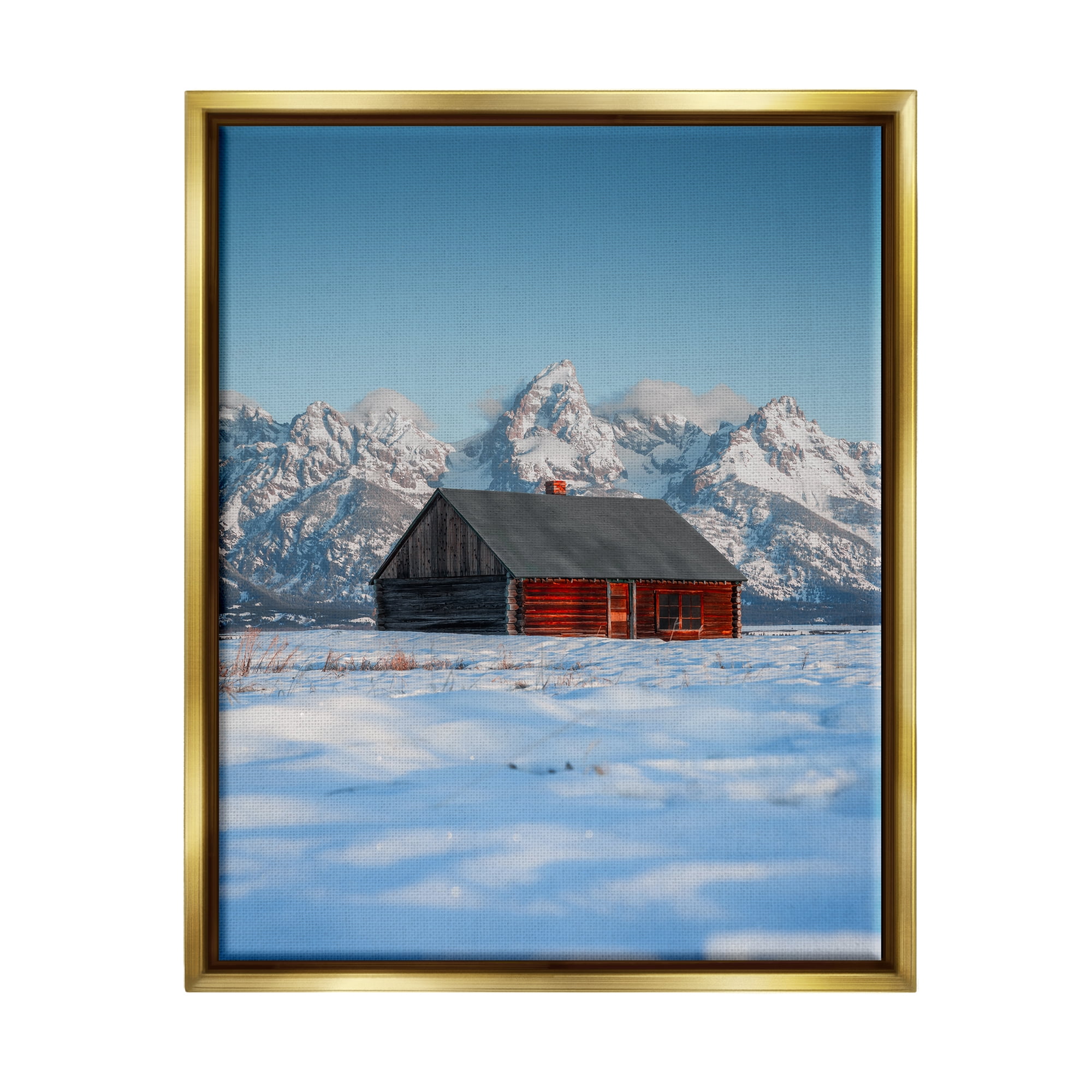 Stupell Industries Cabin in Snowy Mountains Landscape Photography Gold Floater Framed Canvas Art Print Wall Art, 17 x 21