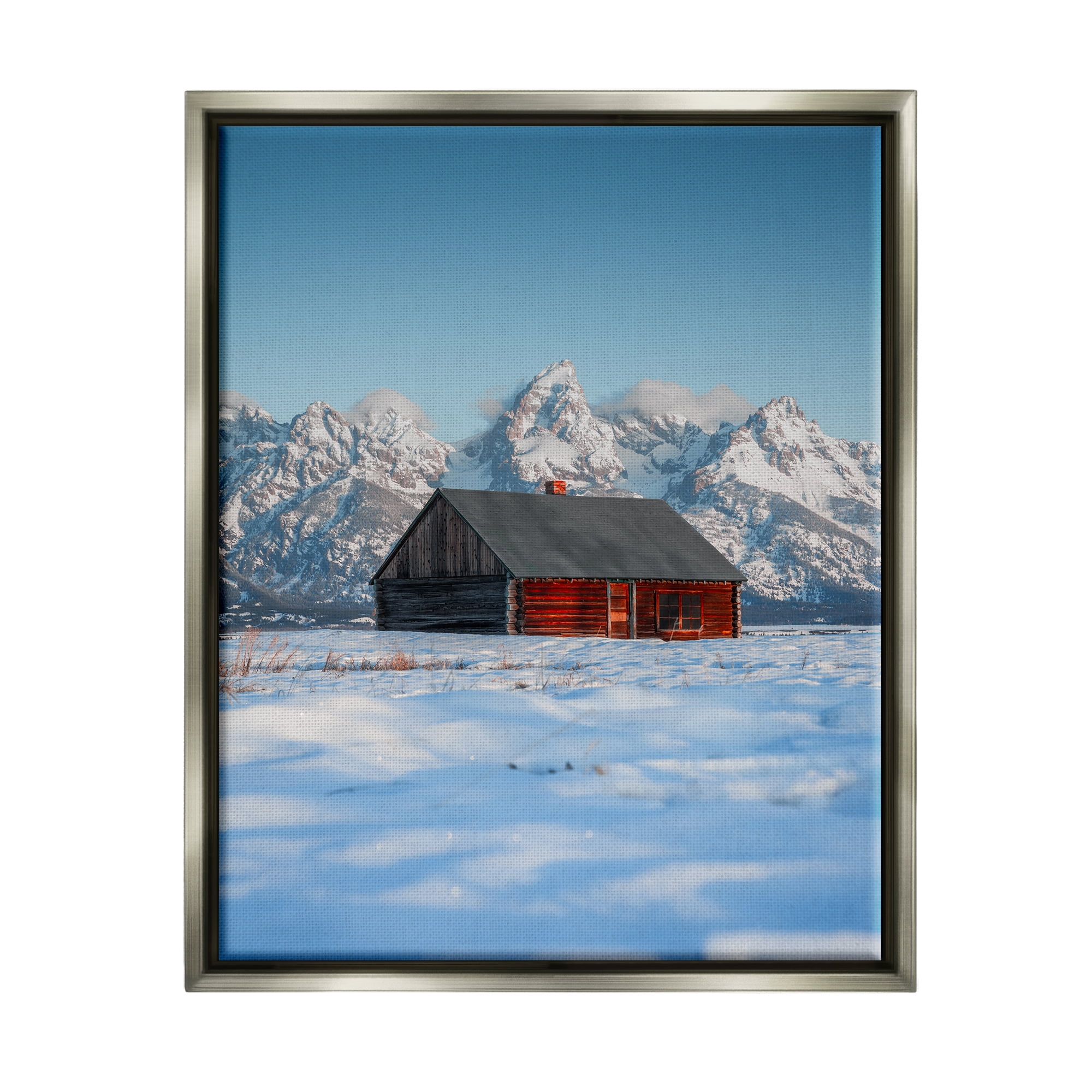 Stupell Industries Cabin in Snowy Mountains Landscape Photography Gray Floater Framed Canvas Art Print Wall Art, 17 x 21