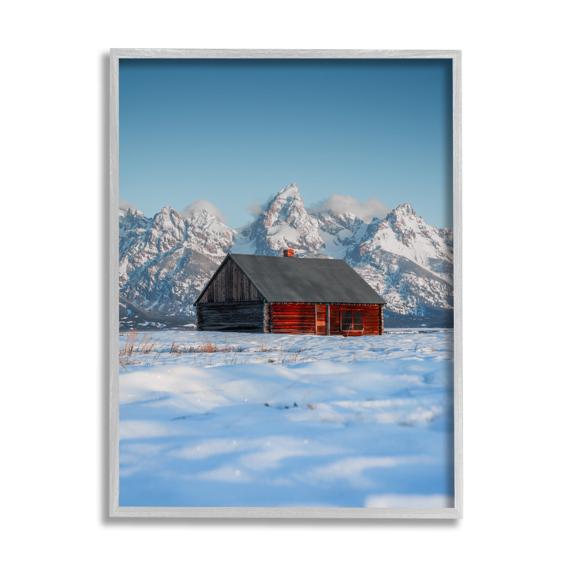 Stupell Industries Cabin in Snowy Mountains Landscape Photography Gray Framed Art Print Wall Art, 16 x 20