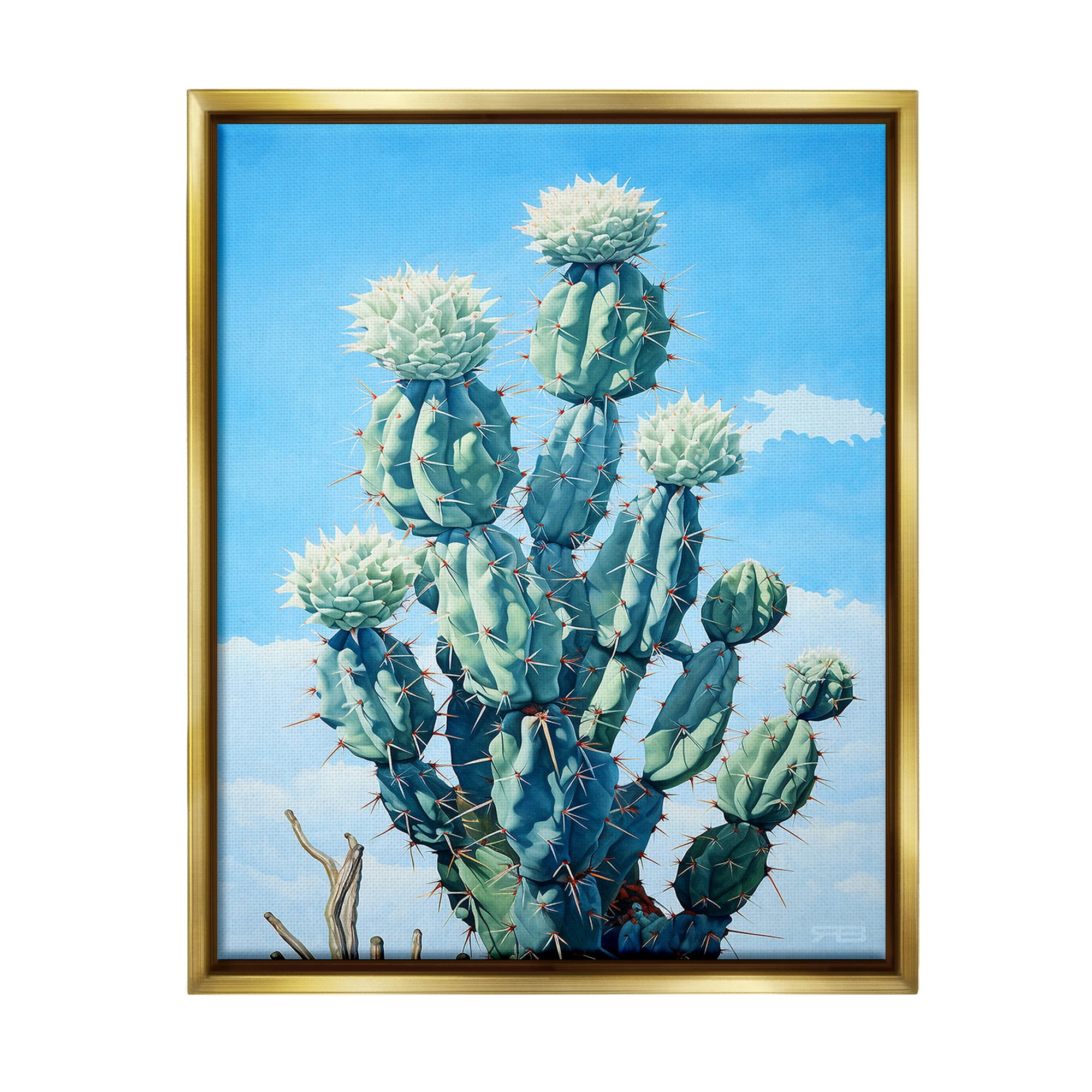 Stupell Industries Cactus & Cloudy Sky Botanical & Floral Painting Gold Floater Framed Canvas Art Print Wall Art, 17 x 21