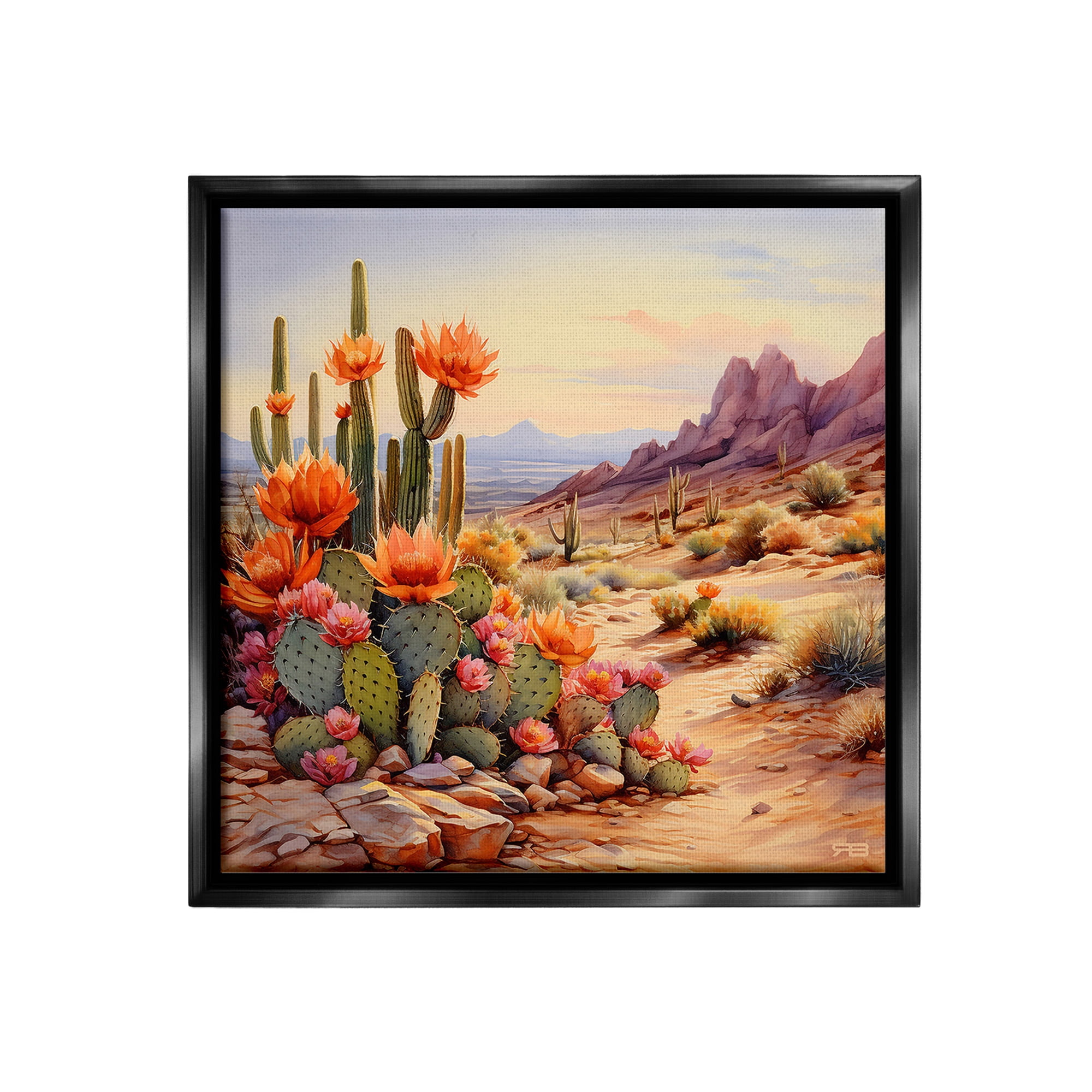 Stupell Industries Cactus Flower Landscape Landscape Painting Black Floater Framed Canvas Art Print Wall Art, 25 x 25