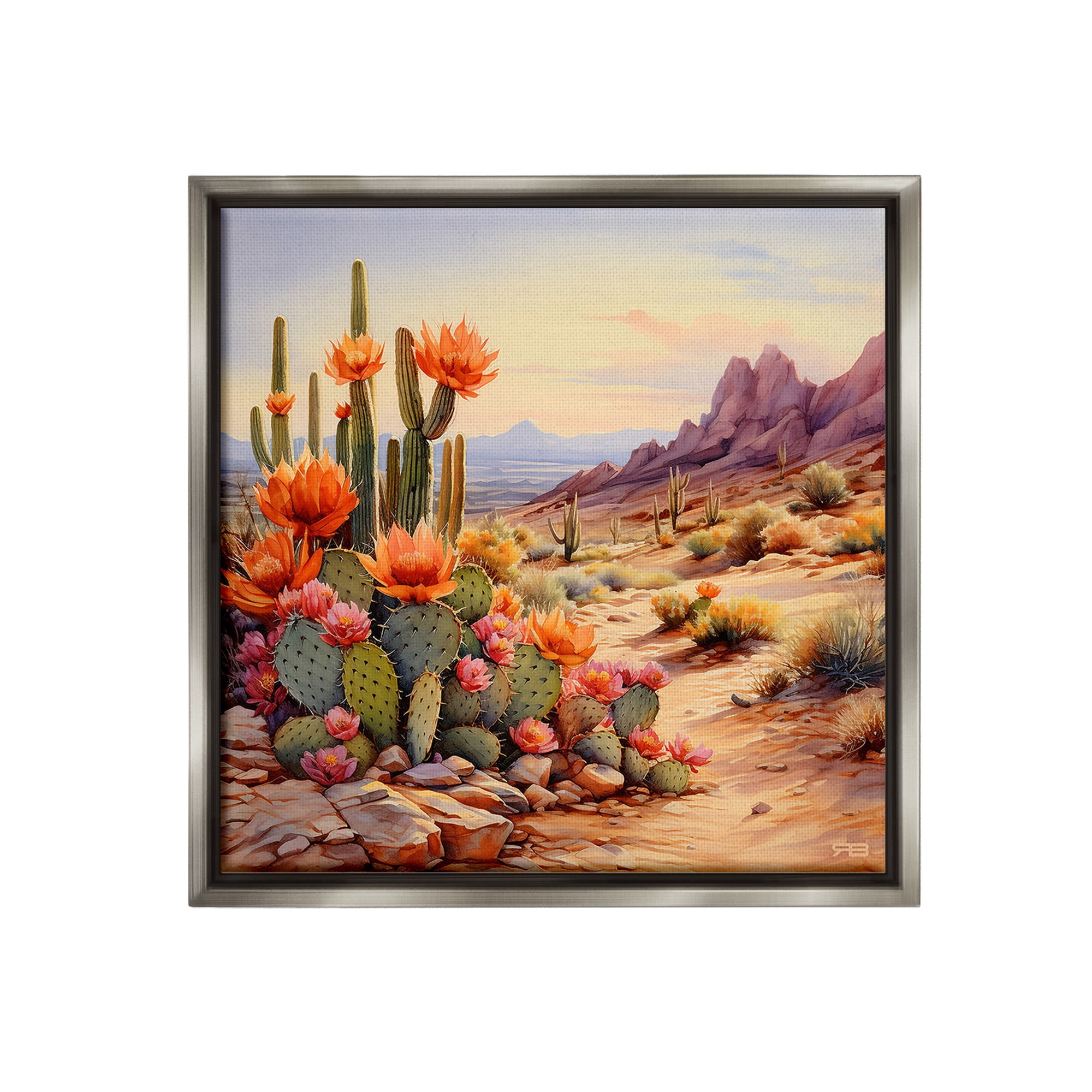 Stupell Industries Cactus Flower Landscape Landscape Painting Gray Floater Framed Canvas Art Print Wall Art, 18 x 18
