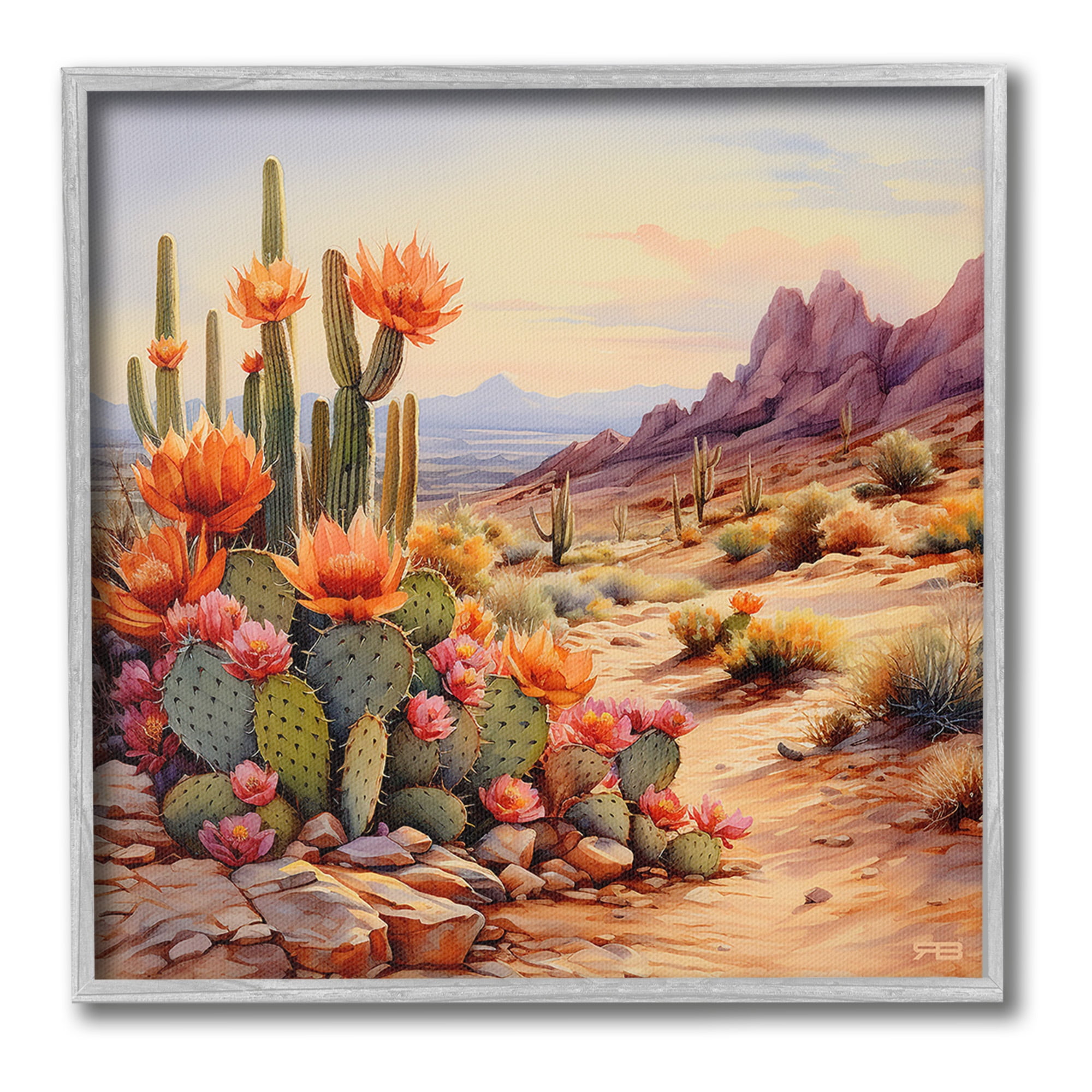 Stupell Industries Cactus Flower Landscape Landscape Painting Gray Framed Art Print Wall Art, 17 x 17