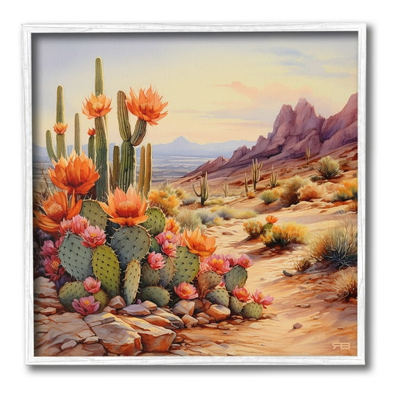 Stupell Industries Cactus Flower Landscape Landscape Painting White Framed Art Print Wall Art, 17 x 17
