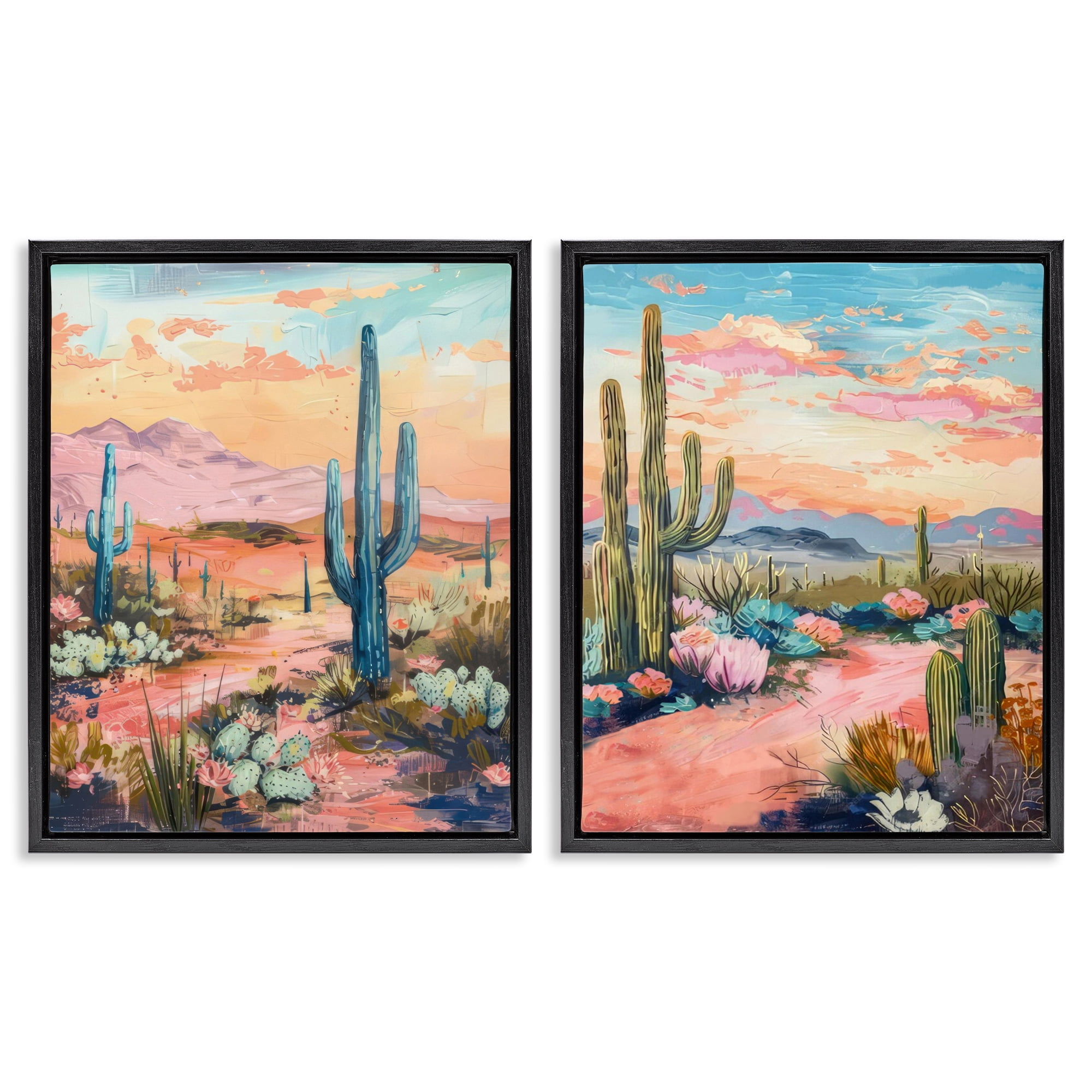 Stupell Industries Cactus Paths & Sunset Landscape & Nature Painting Black Floater Framed Canvas Art Print Wall Art, 31 x 25, Set of 2