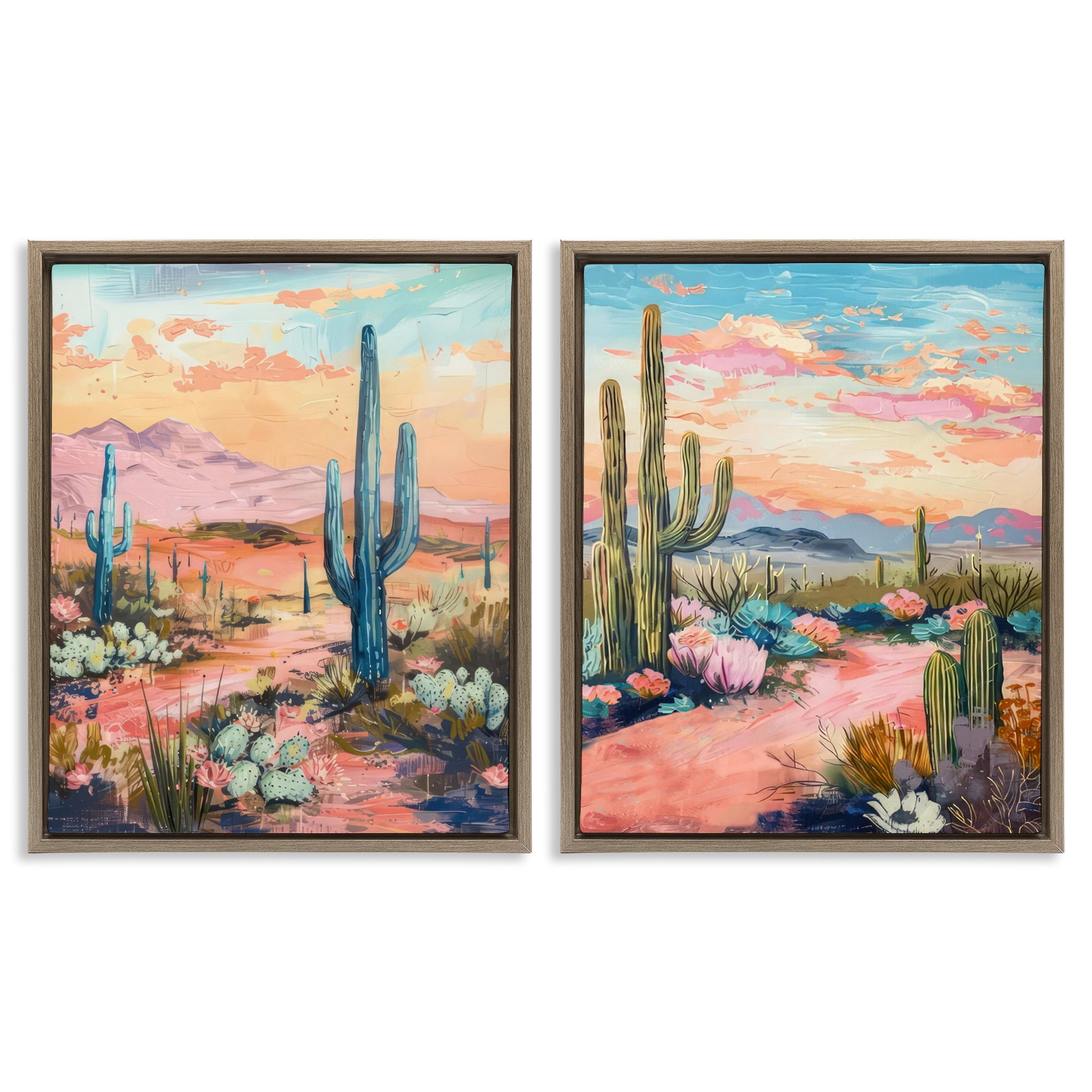 Stupell Industries Cactus Paths & Sunset Landscape & Nature Painting Brown Floater Framed Canvas Art Print Wall Art, 31 x 25, Set of 2