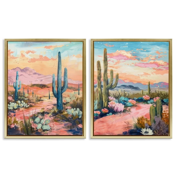 Stupell Industries Cactus Paths & Sunset Landscape & Nature Painting Gold Floater Framed Canvas Art Print Wall Art, 31 x 25, Set of 2