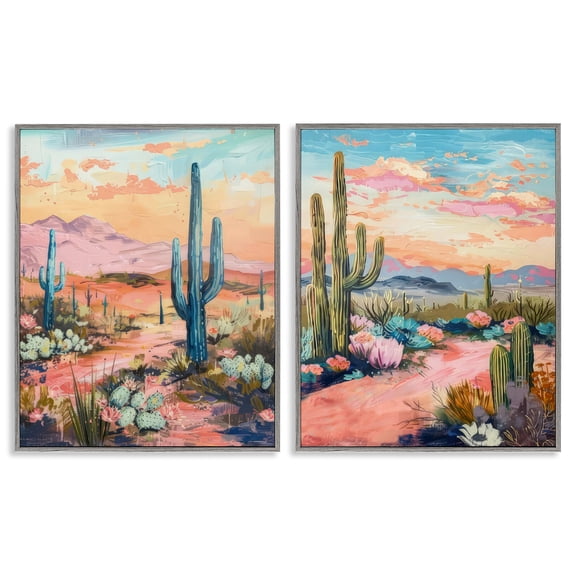 Stupell Industries Cactus Paths & Sunset Landscape & Nature Painting Gray Framed Art Print Wall Art, 24 x 30, Set of 2