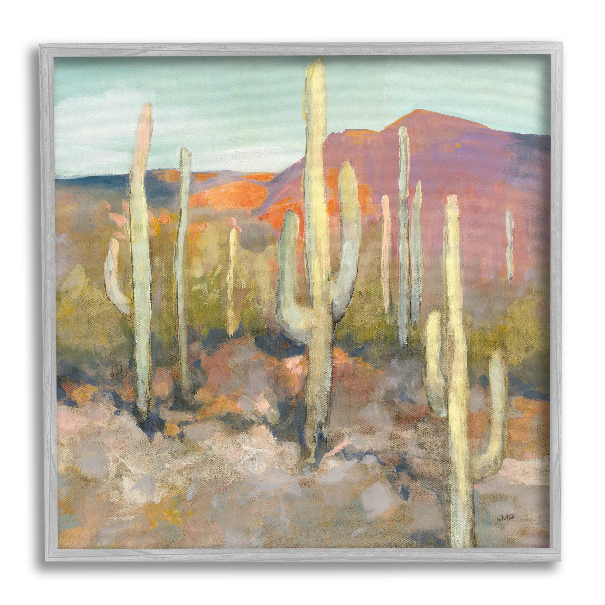 Stupell Industries Cactus Plant Desert Landscape Soft Southwestern Plant Painting Gray Framed Art Print Wall Art, 17x17, by Julia Purinton