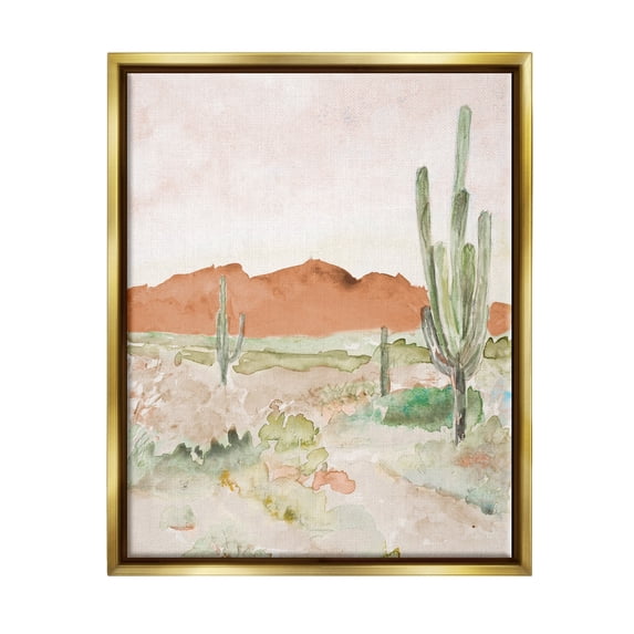 Stupell Industries Cactus Plants Dry Desert Scene Distant Cliffs Painting Metallic Gold Floating Framed Canvas Print Wall Art, Design by Lanie Loreth