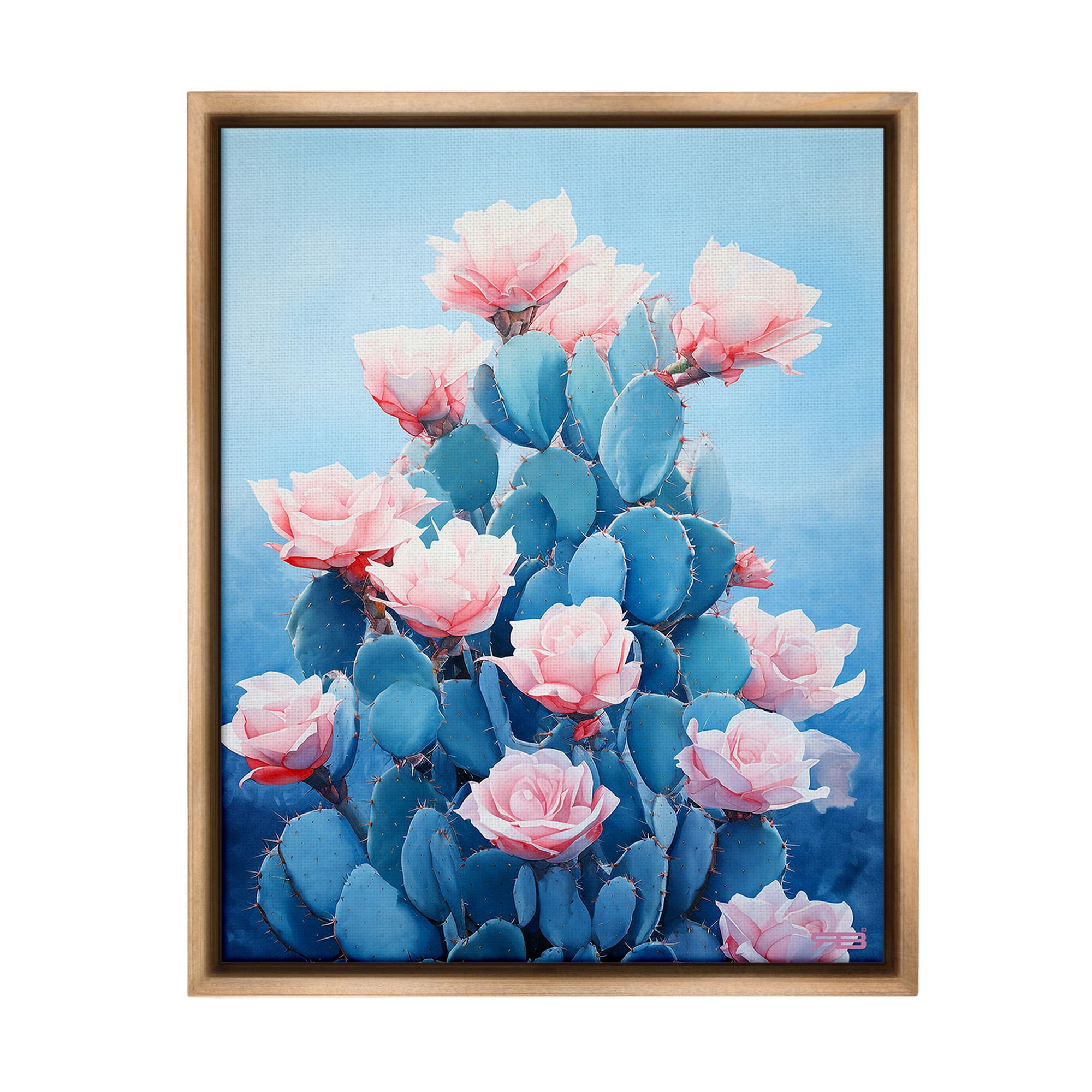 Stupell Industries Cactus & Rose Blossoms Botanical & Floral Painting Brown Floater Framed Canvas Art Print Wall Art, 25 x 31