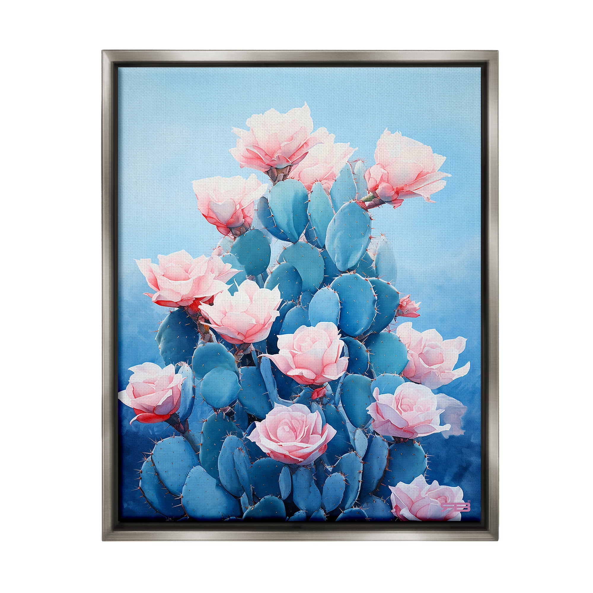 Stupell Industries Cactus & Rose Blossoms Botanical & Floral Painting Gray Floater Framed Canvas Art Print Wall Art, 25 x 31