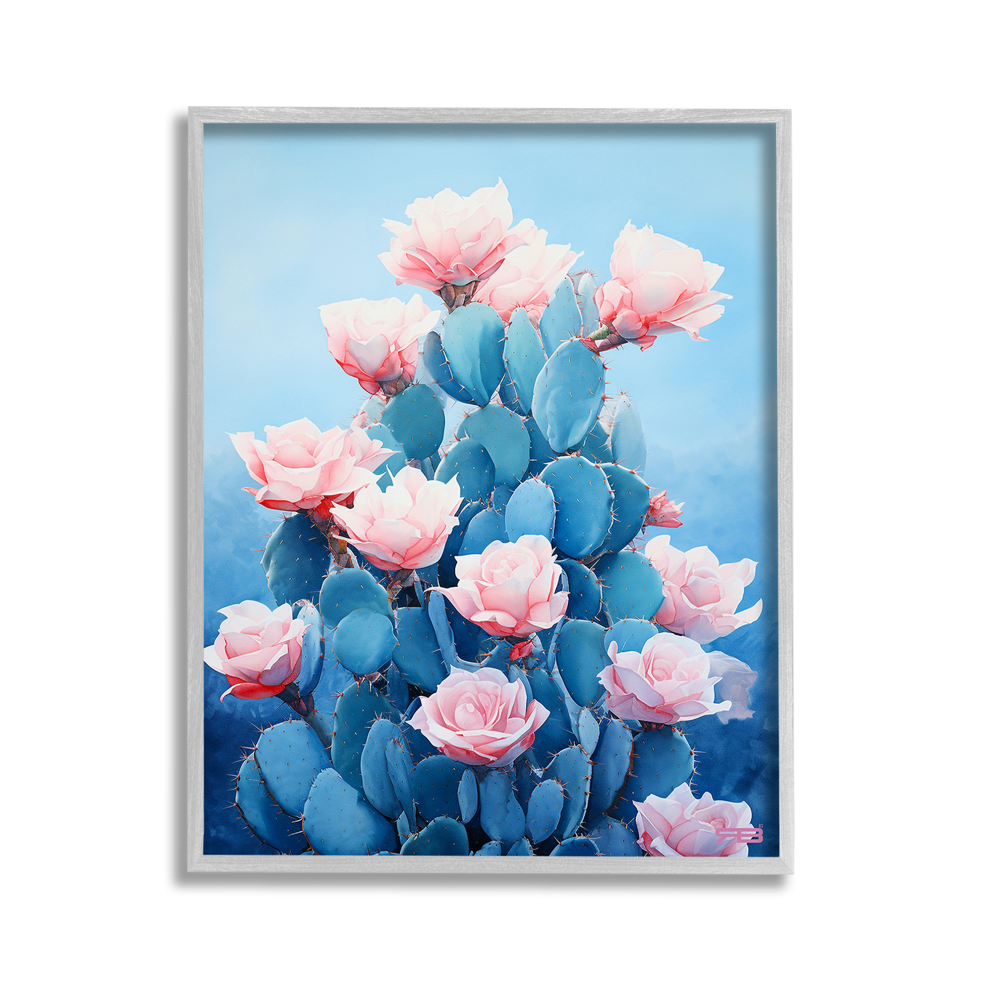 Stupell Industries Cactus & Rose Blossoms Botanical & Floral Painting Gray Framed Art Print Wall Art, 11 x 14