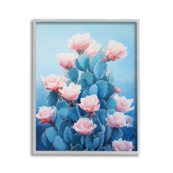 Stupell Industries Cactus & Rose Blossoms Botanical & Floral Painting Gray Framed Art Print Wall Art, 24 x 30