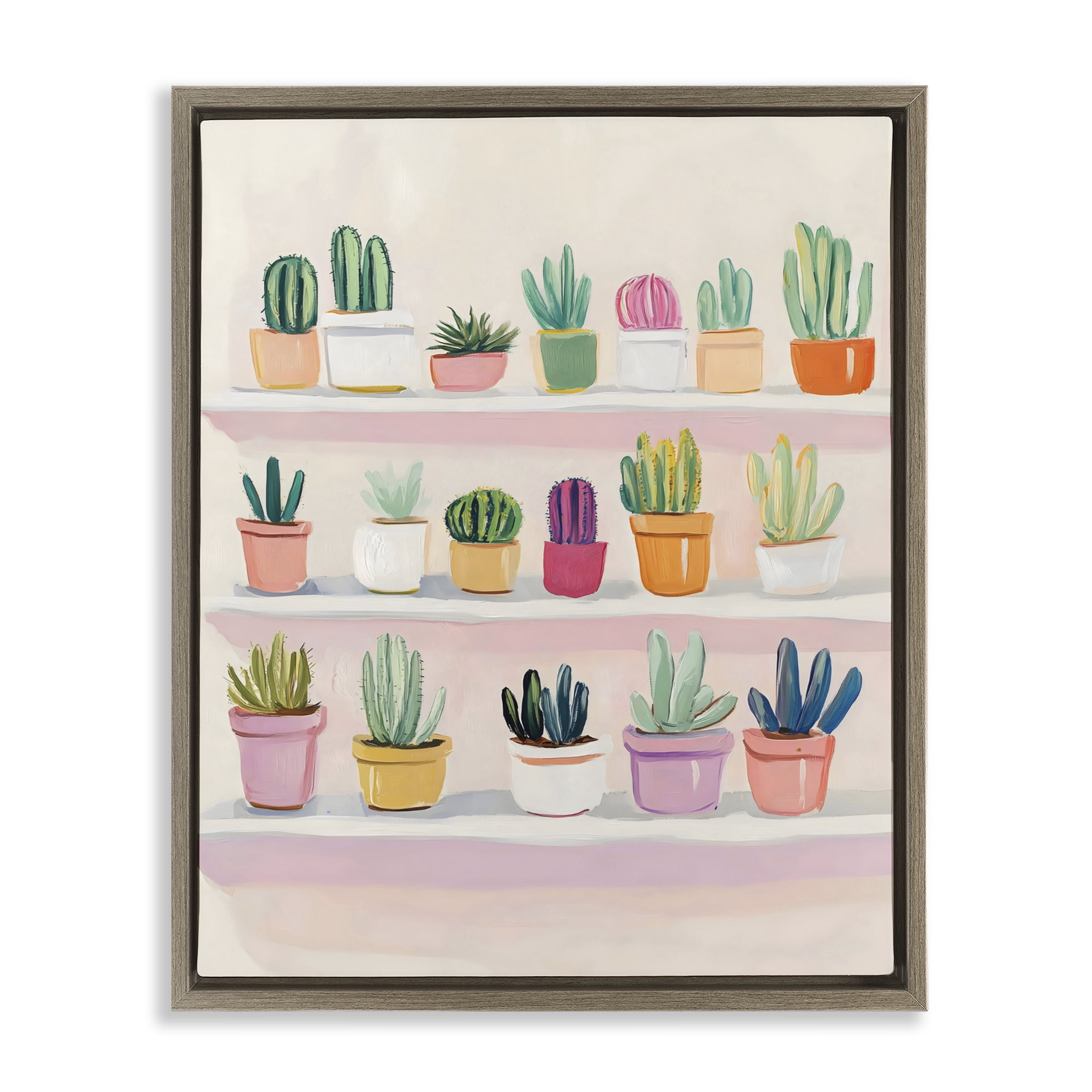 Stupell Industries Cactus Shelf Arrangement Brown Framed Floater Canvas Wall Art, design by The Prints Vibe