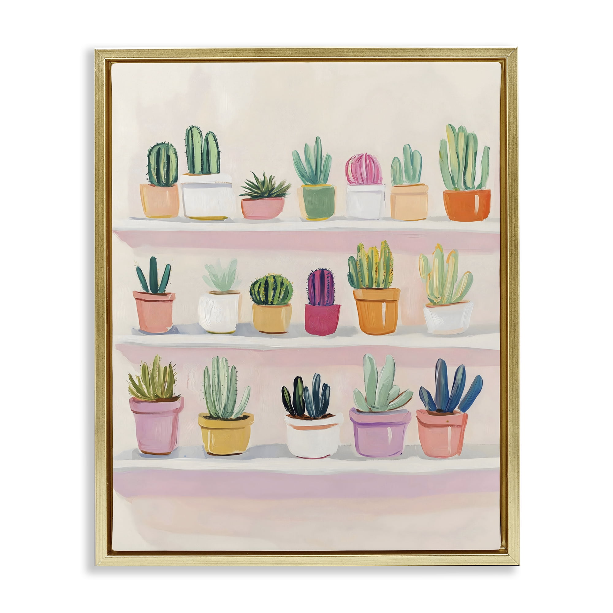 Stupell Industries Cactus Shelf Arrangement Gold Framed Floater Canvas Wall Art, design by The Prints Vibe