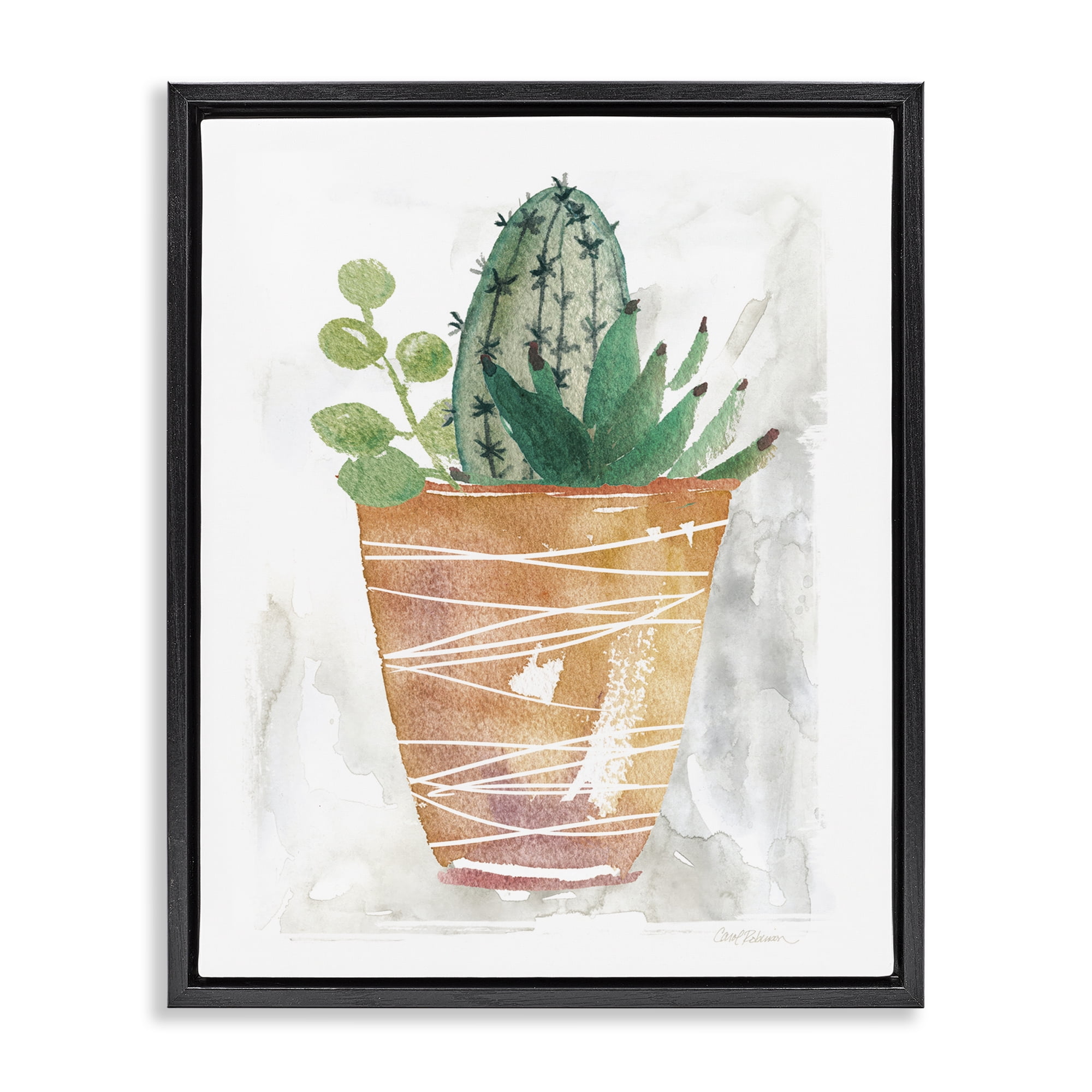 Stupell Industries Cactus & Succulent Vase Plants & Flowers Painting Black Floater Framed Canvas Art Print Wall Art, 17 x 21