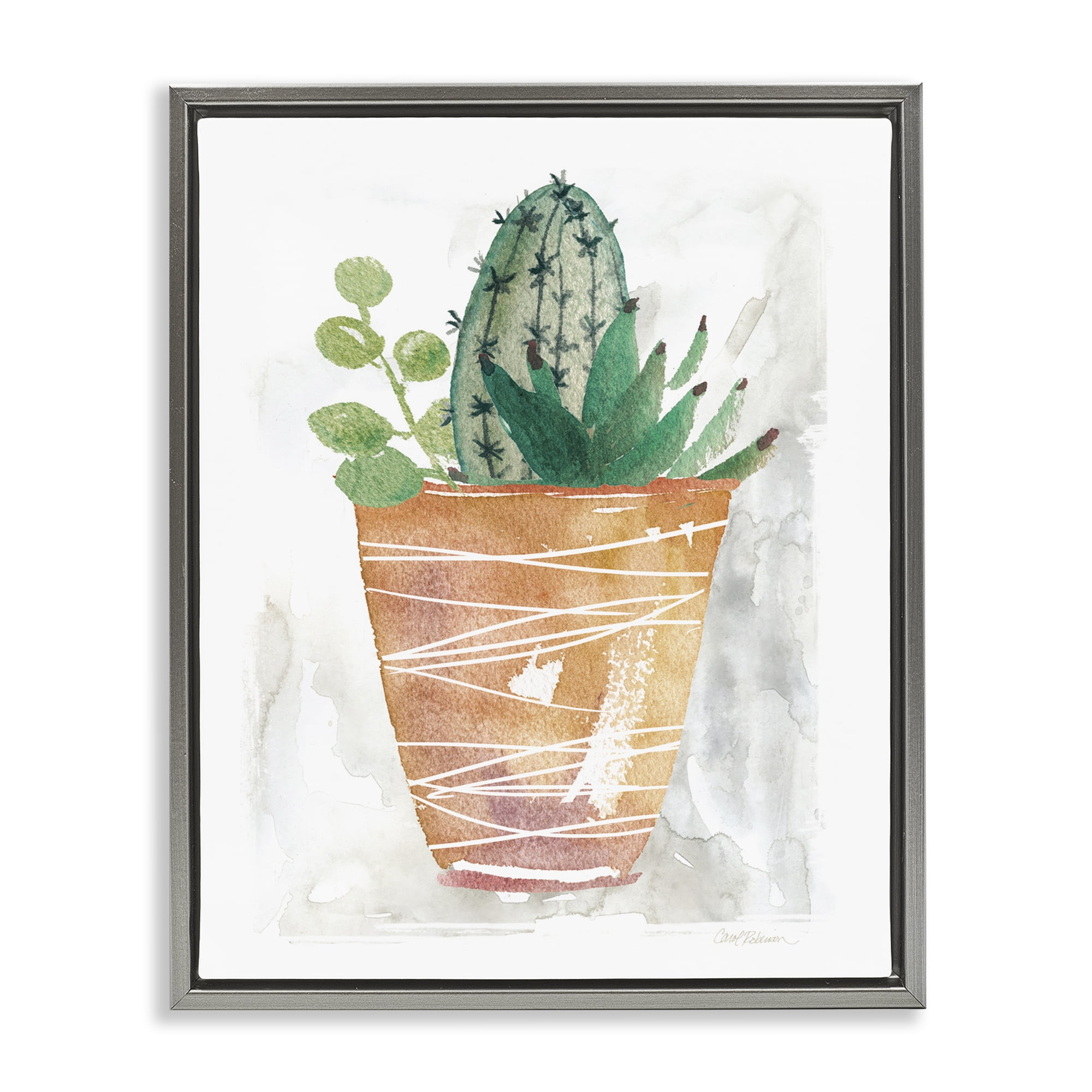 Stupell Industries Cactus & Succulent Vase Plants & Flowers Painting Gray Floater Framed Canvas Art Print Wall Art, 17 x 21