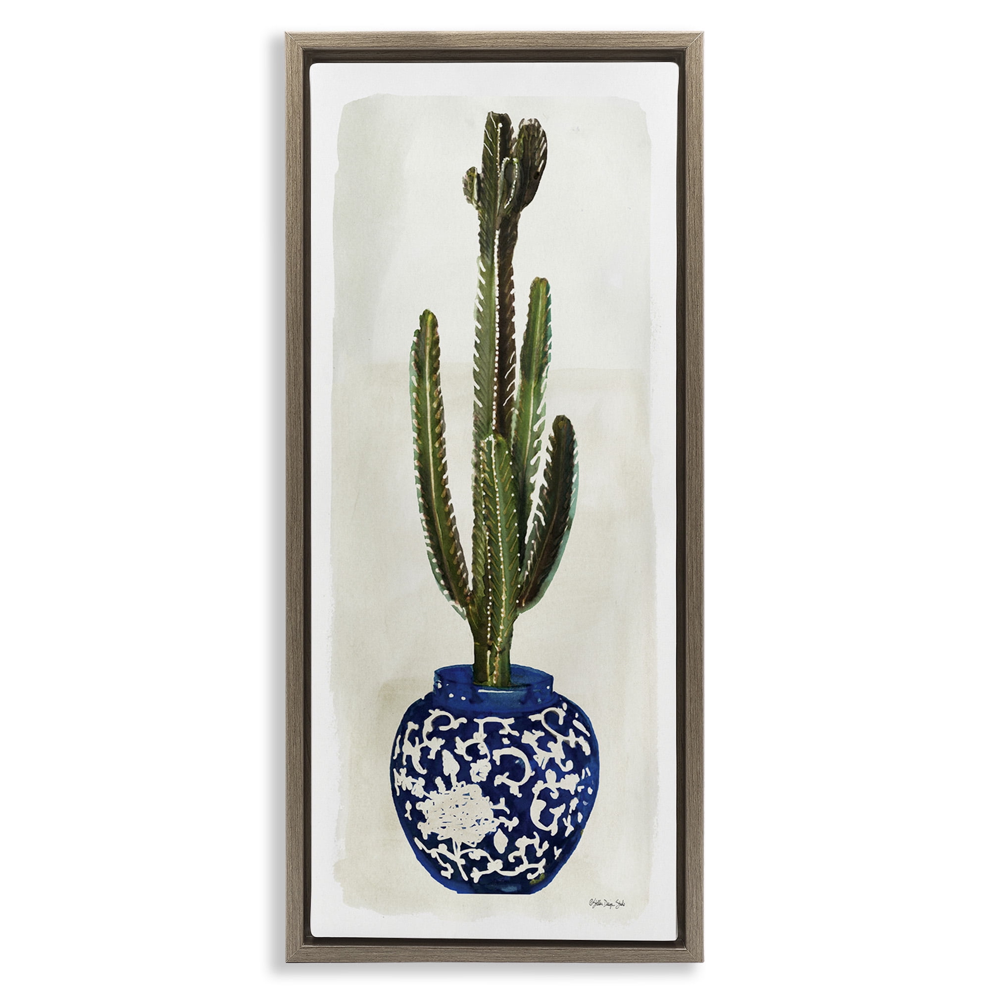 Stupell Industries Cactus in Blue Ornate Vase Botanical & Floral Painting Brown Floater Framed Canvas Art Print Wall Art, 15 x 31