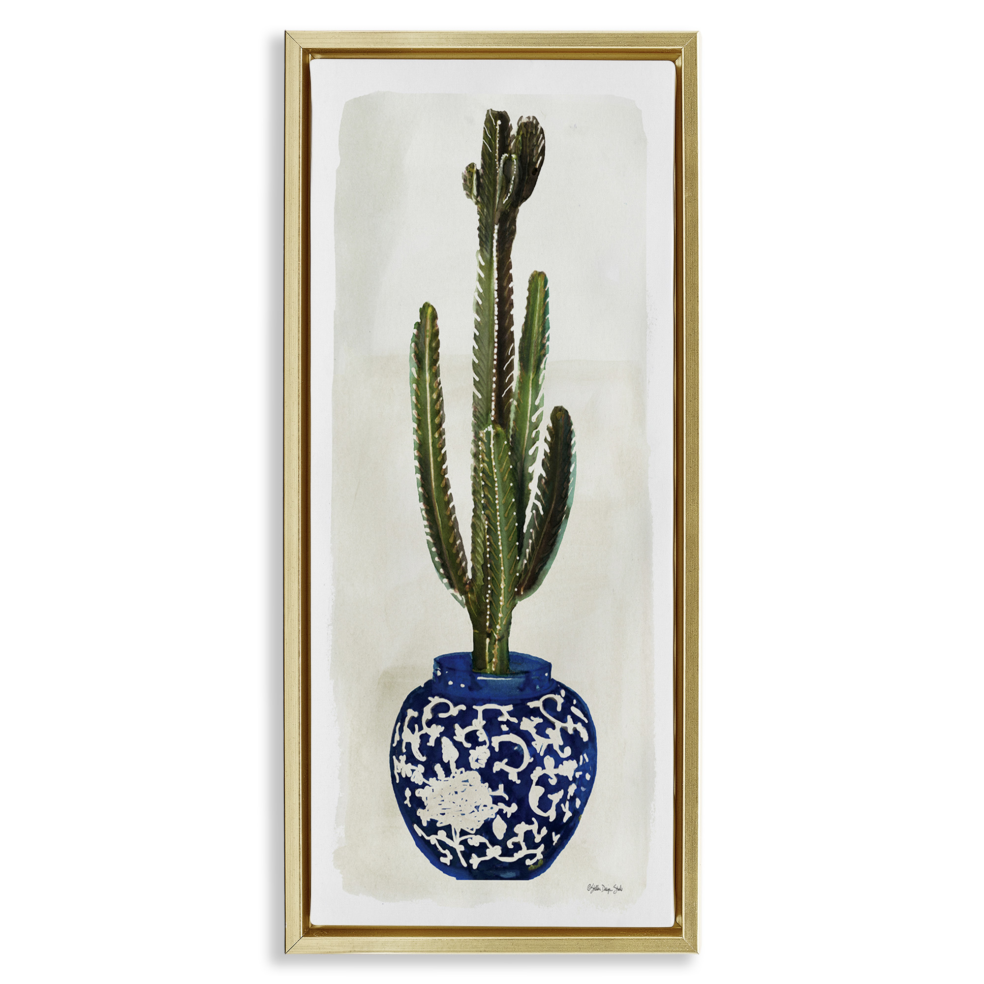 Stupell Industries Cactus in Blue Ornate Vase Botanical & Floral Painting Gold Floater Framed Canvas Art Print Wall Art, 11 x 25