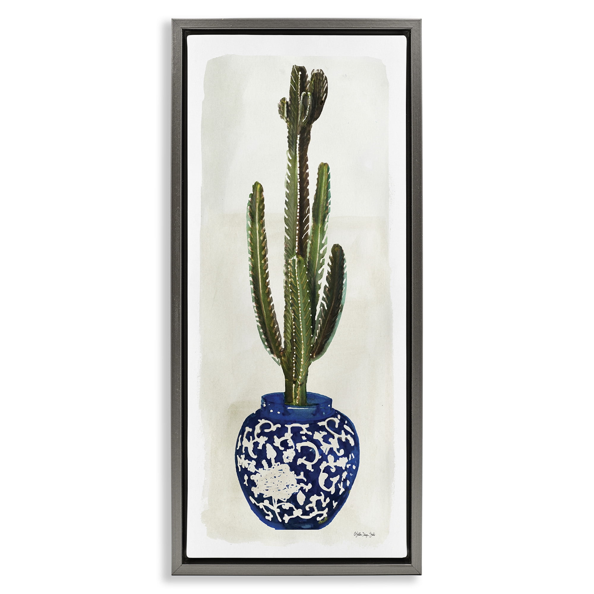 Stupell Industries Cactus in Blue Ornate Vase Botanical & Floral Painting Gray Floater Framed Canvas Art Print Wall Art, 15 x 31