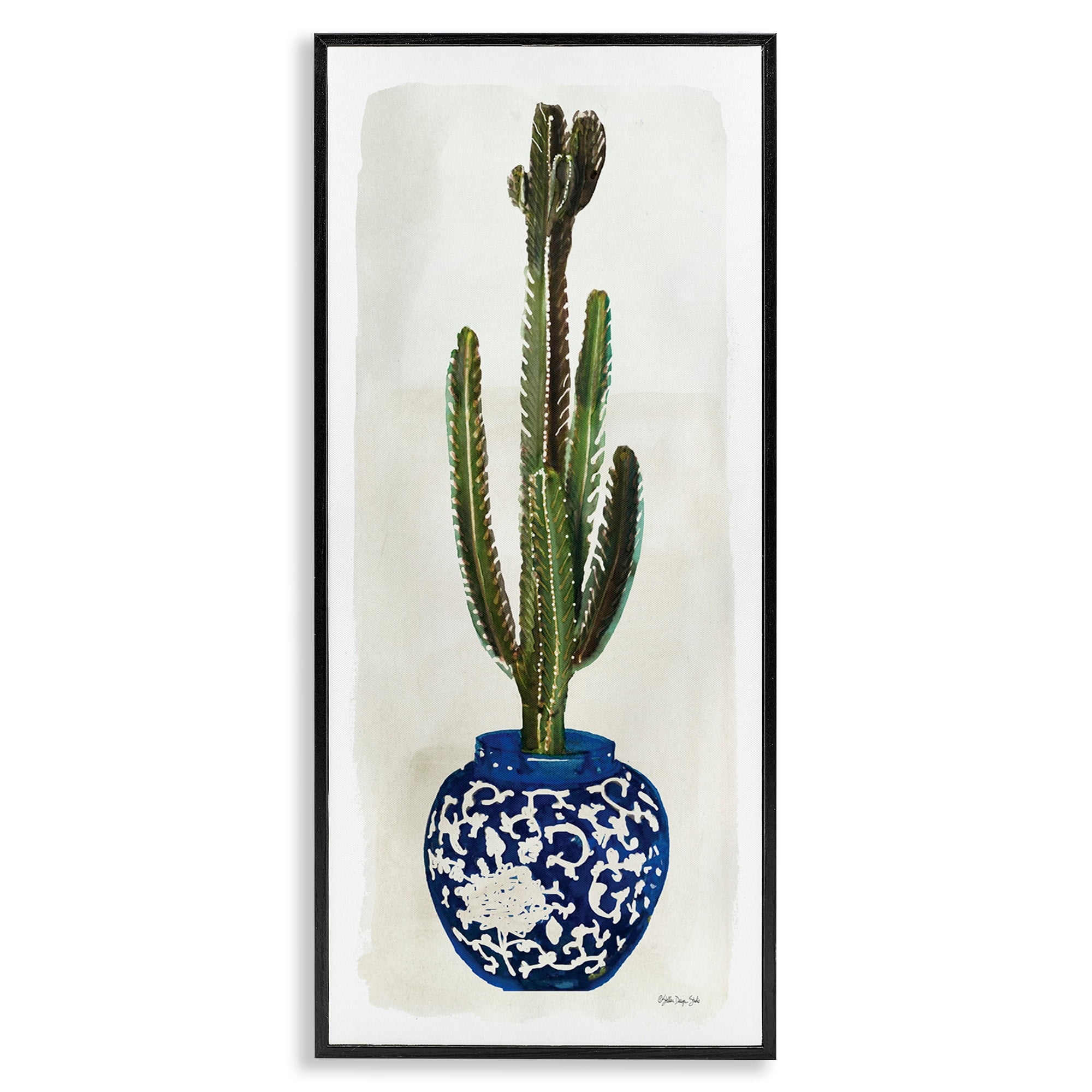 Stupell Cactus in Blue Ornate Vase Succulent Still Life, 10 x 24, Framed Wall Art - Multi-Color