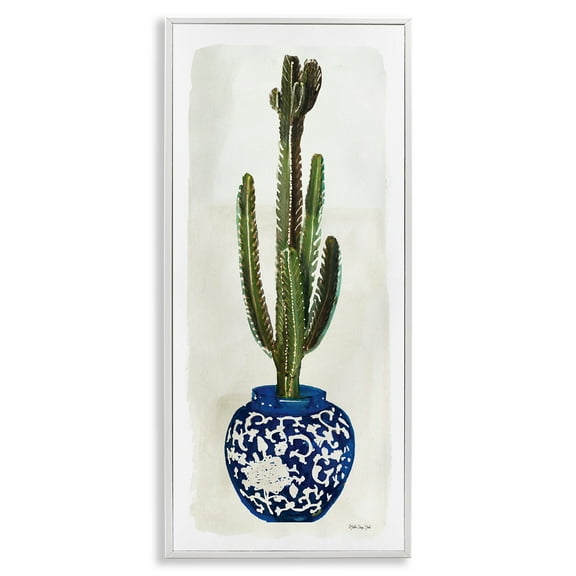Stupell Industries Cactus in Blue Ornate Vase Succulent Still Life Paintings White Framed Art Print Wall Art, 13x30, by Stellar Design Studio