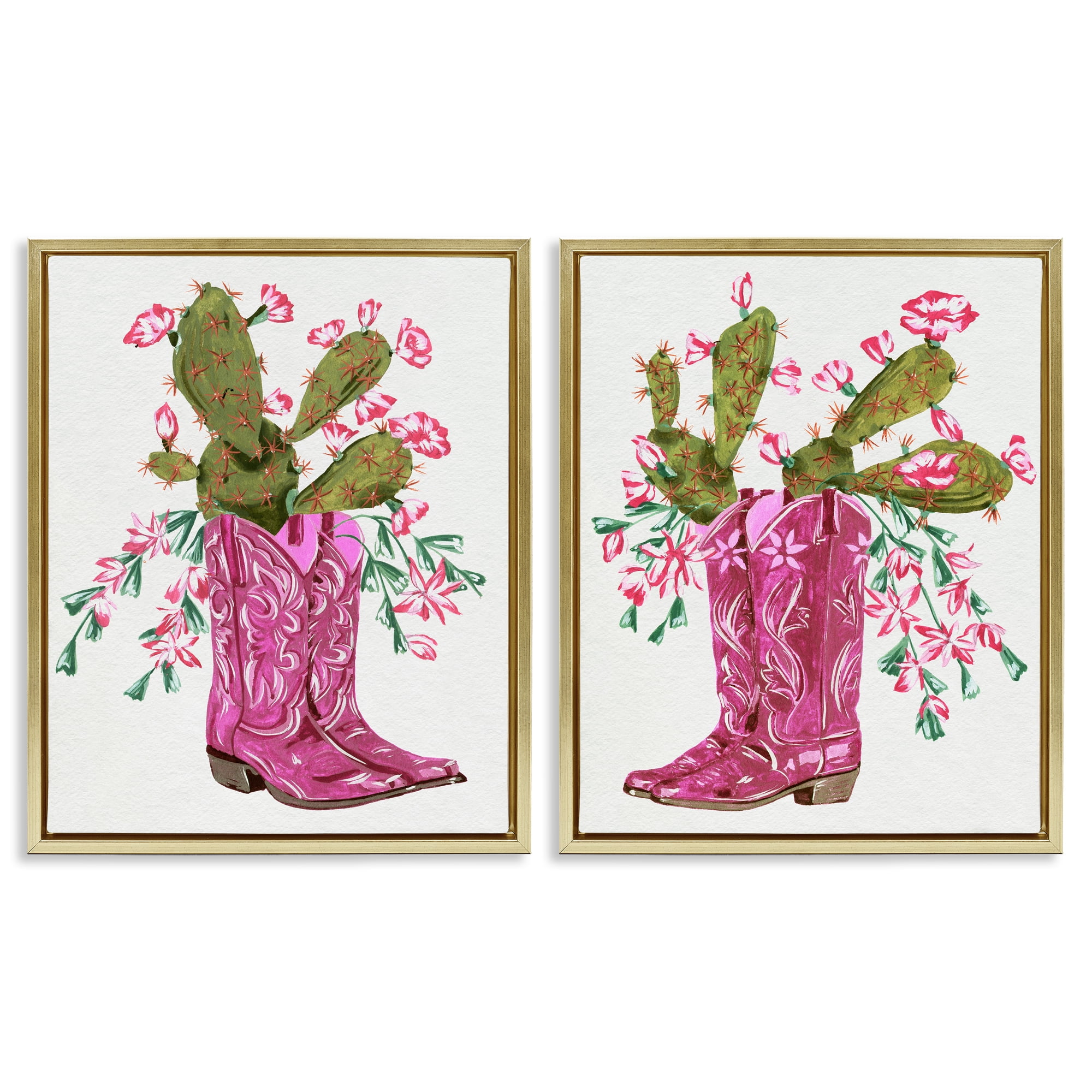Stupell Industries Cactus in Pink Cowgirl Boots Entertainment Painting Gold Floater Framed Canvas Art Print Wall Art, 31 x 25, Set of 2