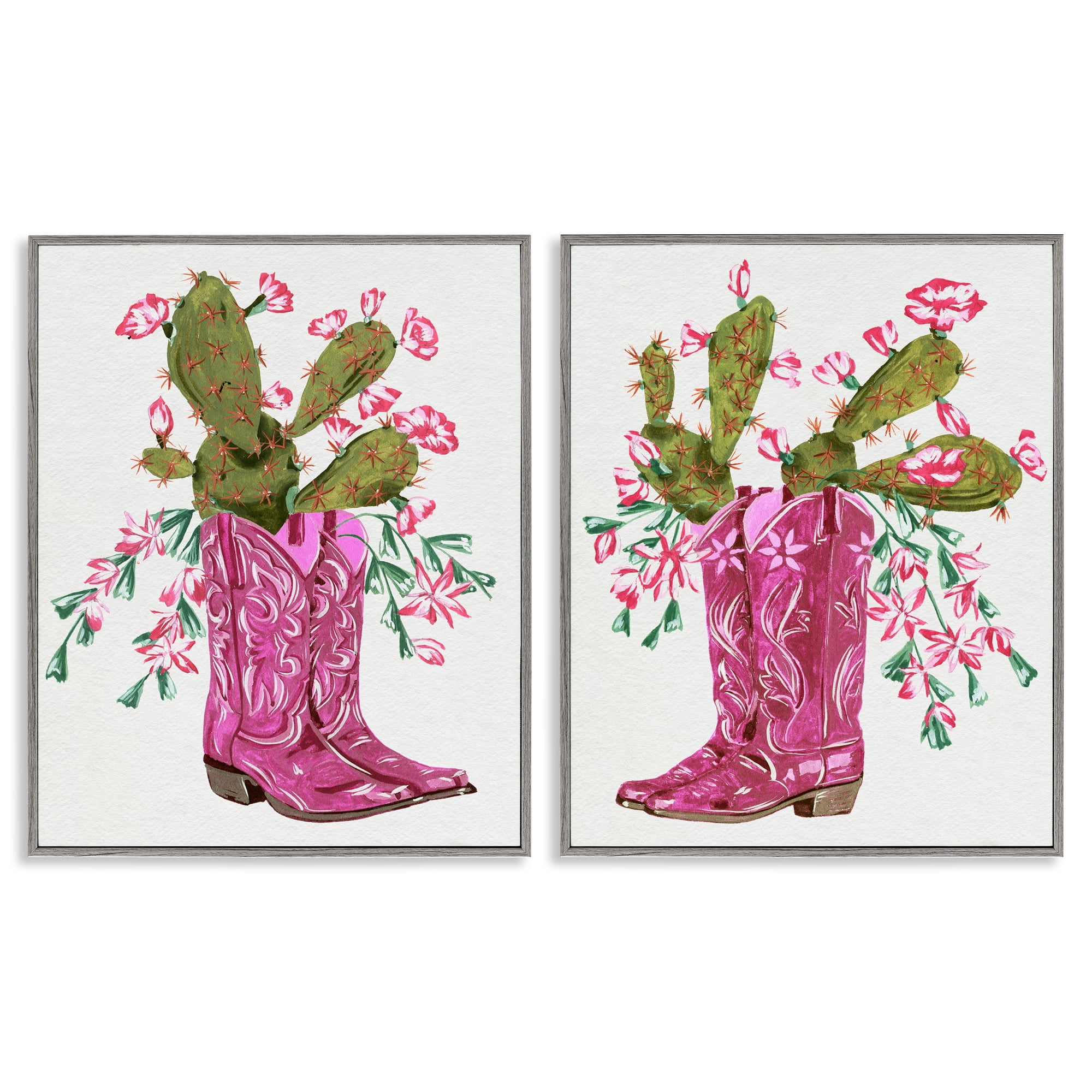 Stupell Industries Cactus in Pink Cowgirl Boots Entertainment Painting Gray Framed Art Print Wall Art, 24 x 30, Set of 2
