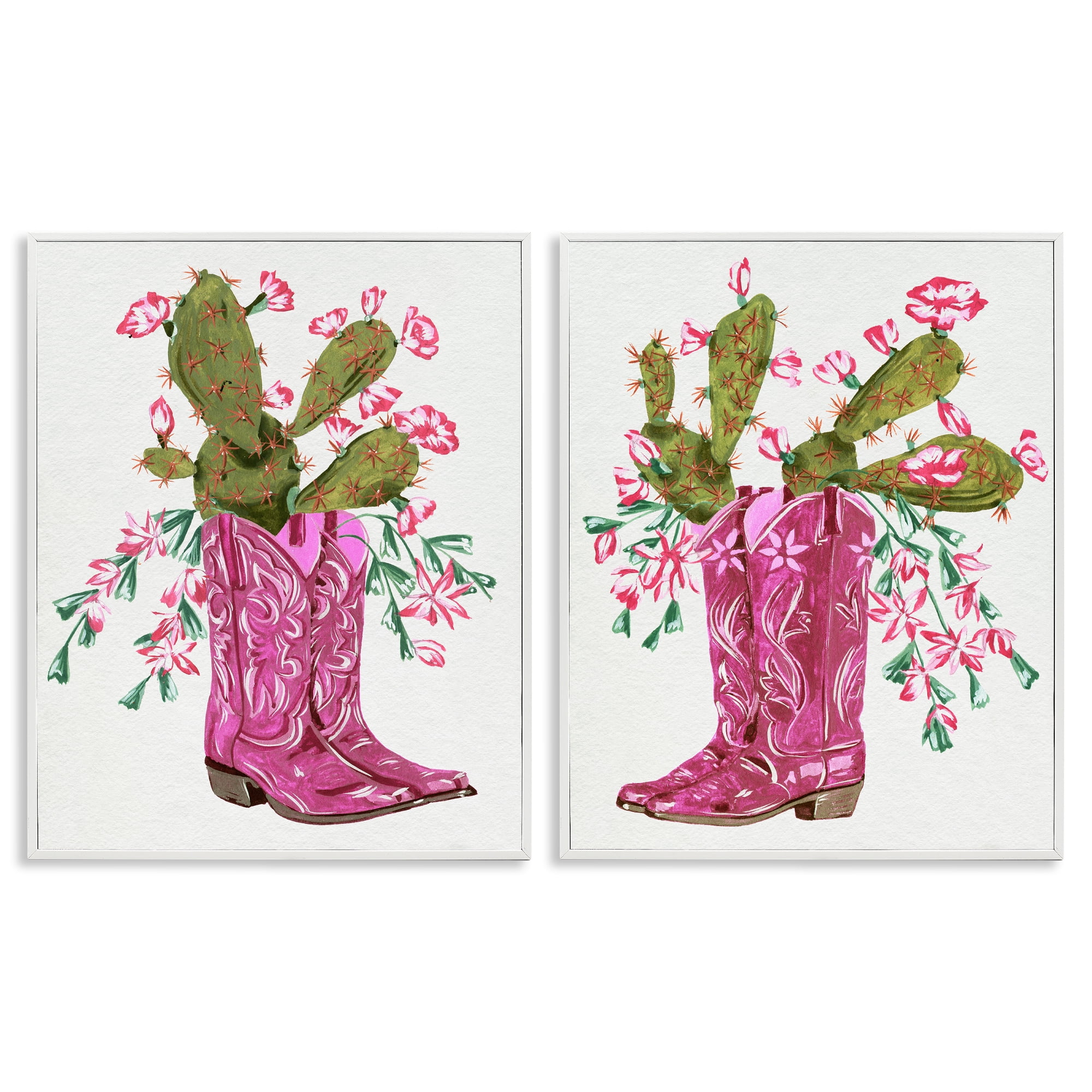 Stupell Industries Cactus in Pink Cowgirl Boots Entertainment Painting White Framed Art Print Wall Art, 16 x 20, Set of 2