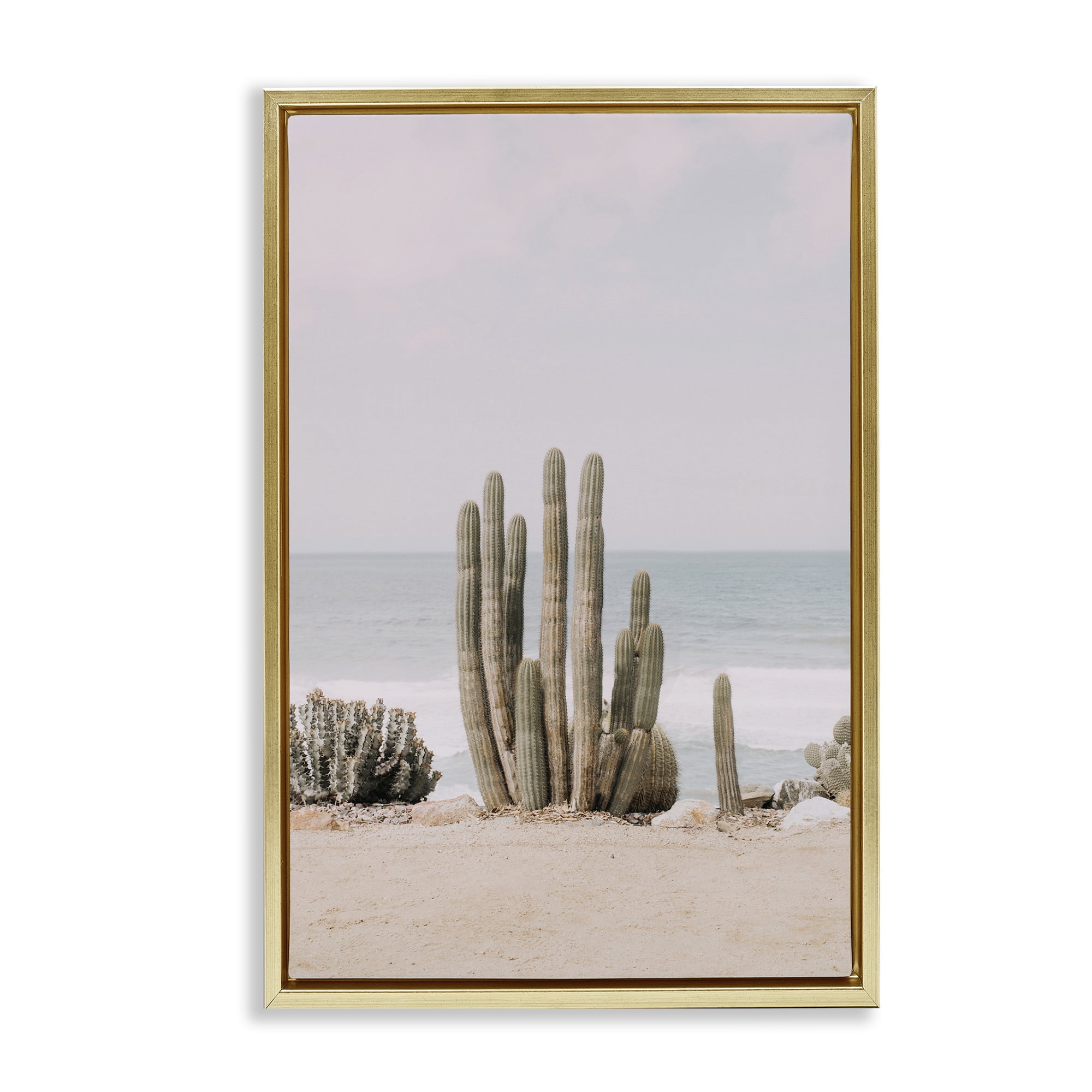 Stupell Industries Cactus on Beach Shore Landscape & Nature Photography Gold Floater Framed Canvas Art Print Wall Art, 17 x 25