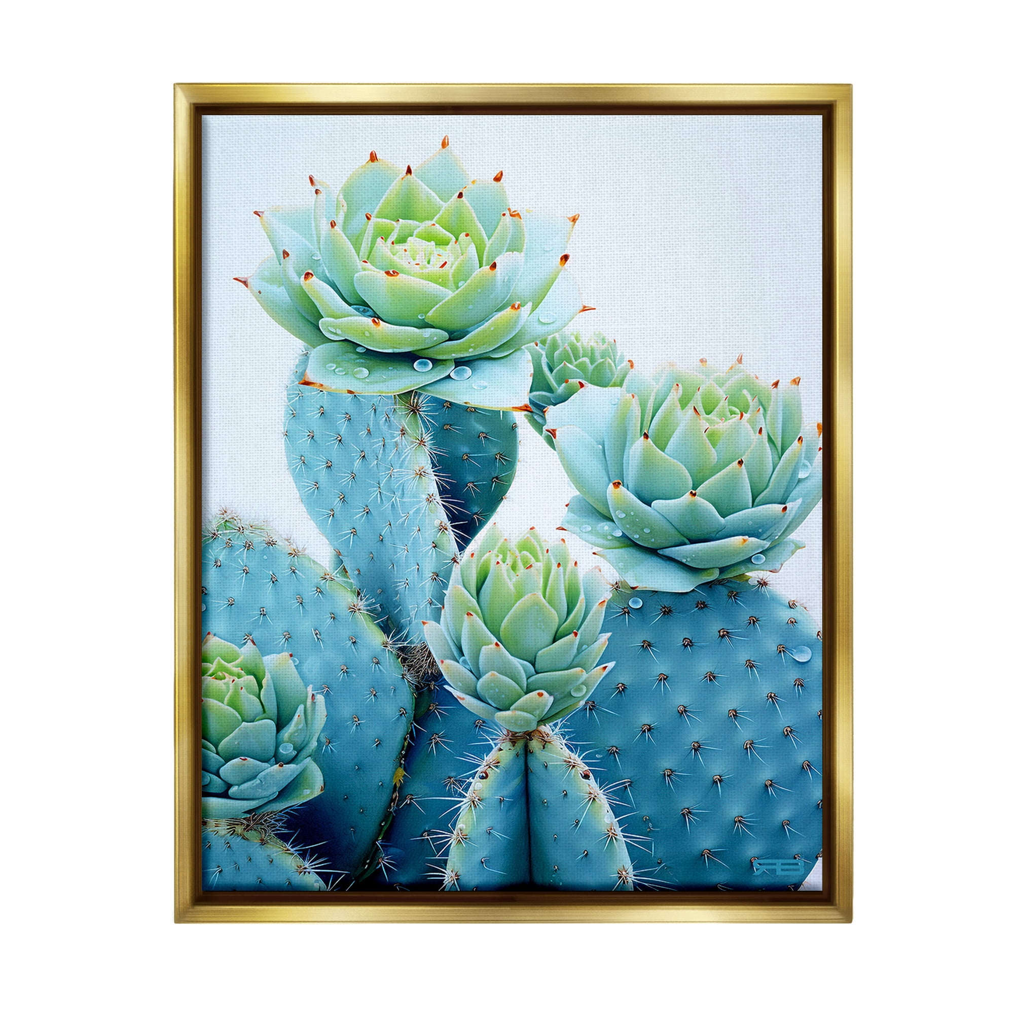 Stupell Industries Cactus with Succulent Blooms Botanical & Floral Painting Gold Floater Framed Canvas Art Print Wall Art, 17 x 21