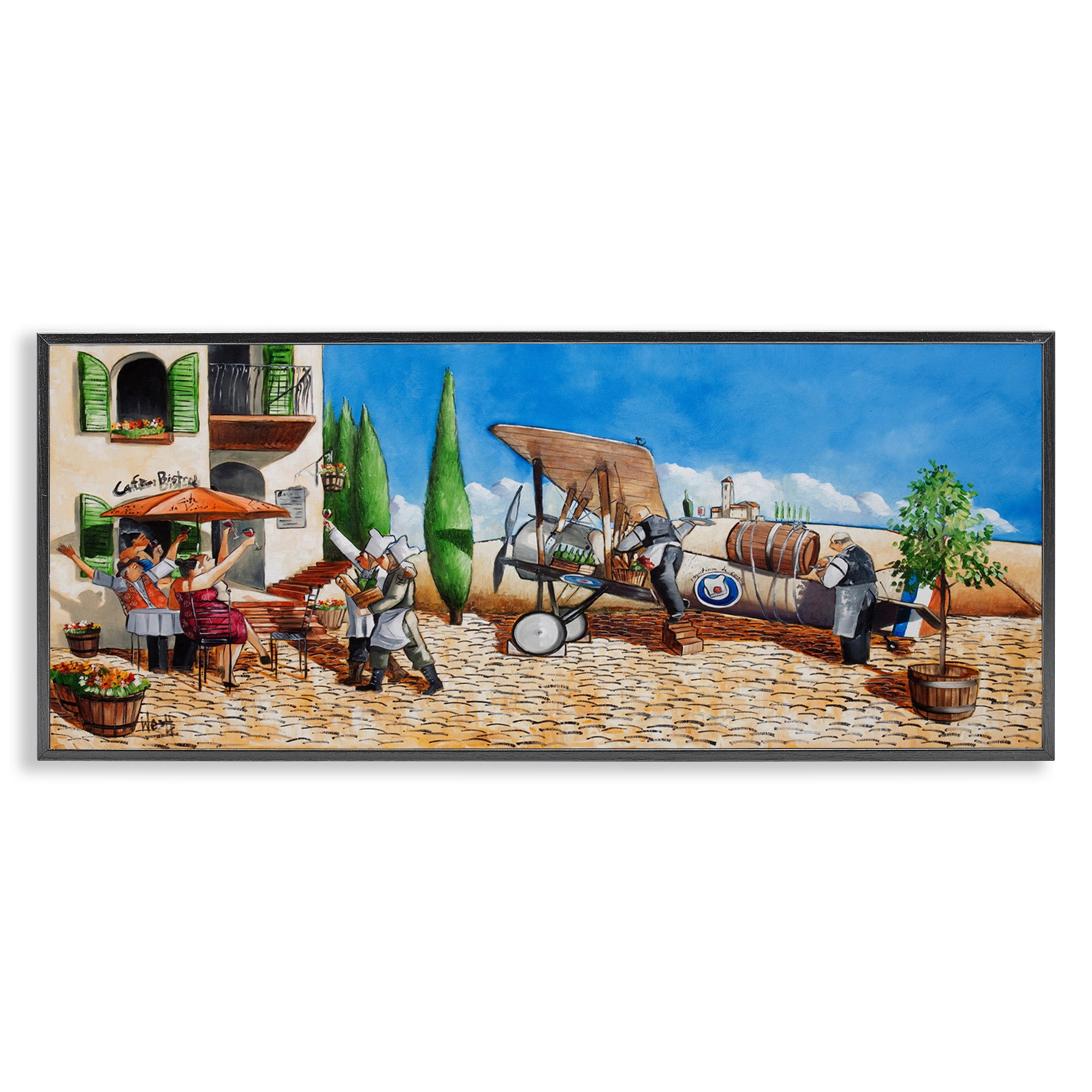 Stupell Industries Café & Airplane Scene Scenery Painting Black Framed Art Print Wall Art, 30 x 13