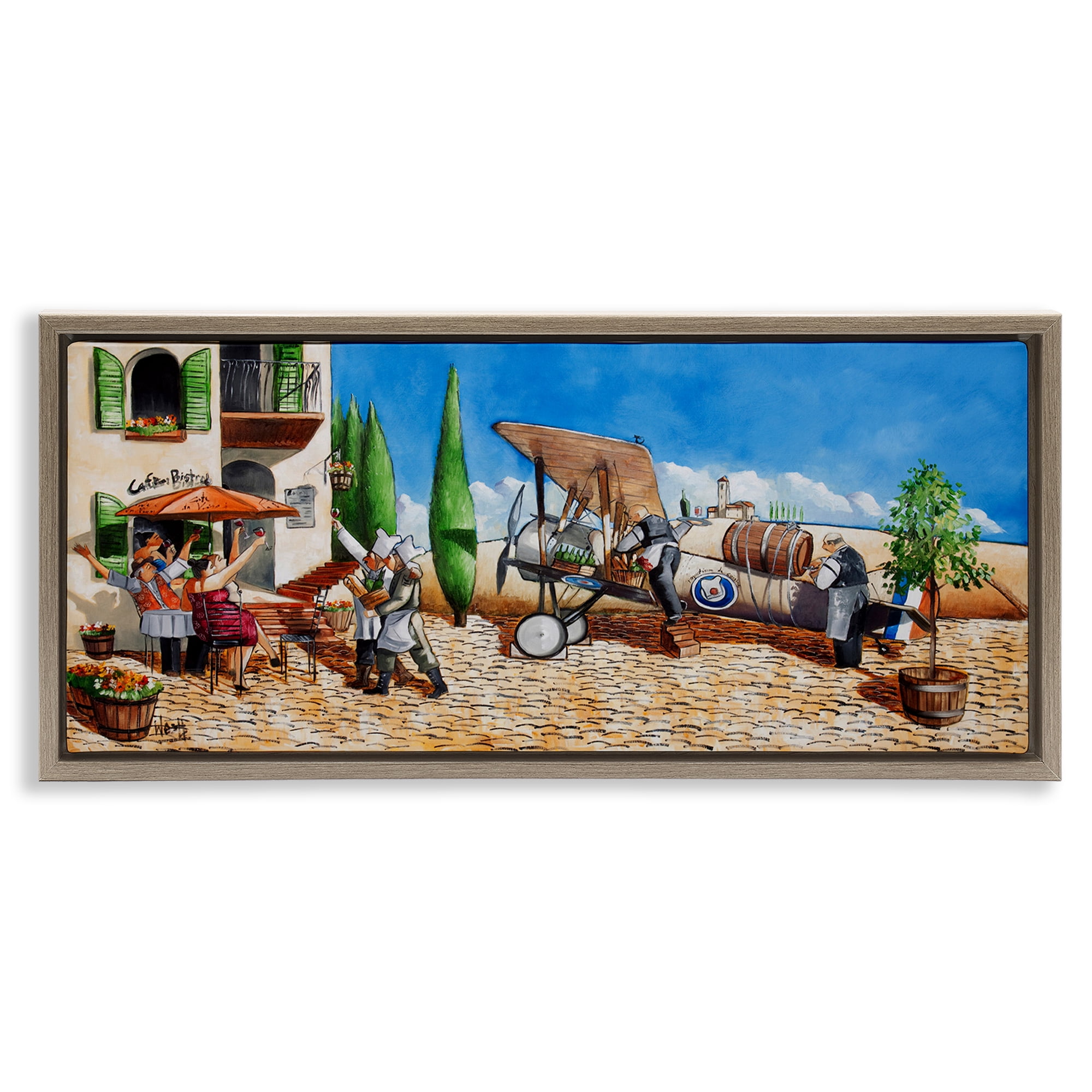 Stupell Industries Café & Airplane Scene Scenery Painting Brown Floater Framed Art Print Wall Art, 25 x 11