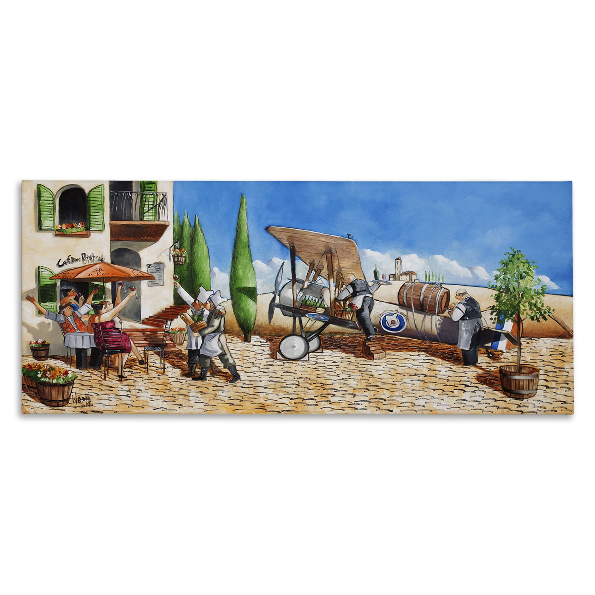 Stupell Industries Café & Airplane Scene Scenery Painting Gallery Wrapped Canvas Art Print Wall Art, 30 x 13