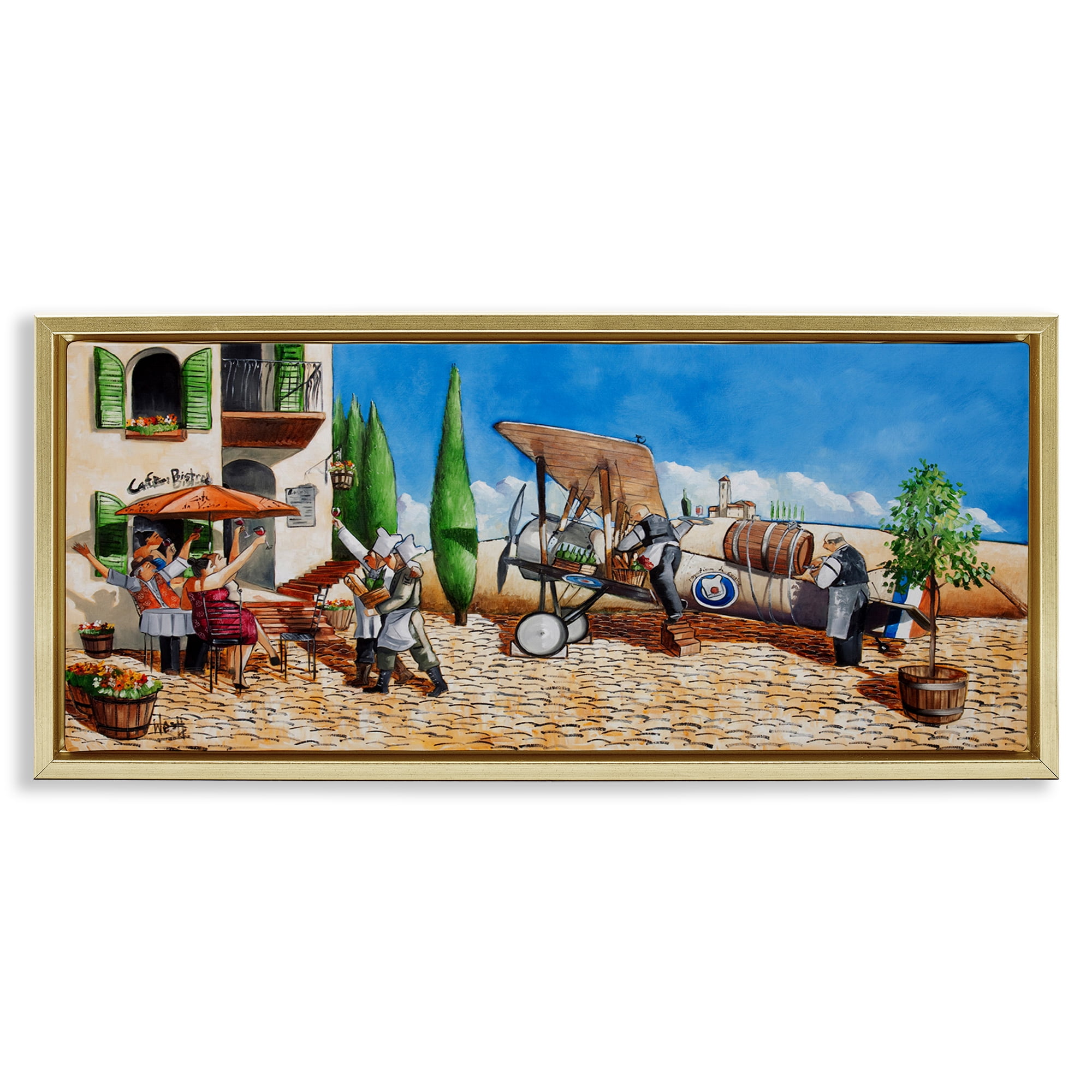 Stupell Industries Café & Airplane Scene Scenery Painting Gold Floater Framed Art Print Wall Art, 25 x 11