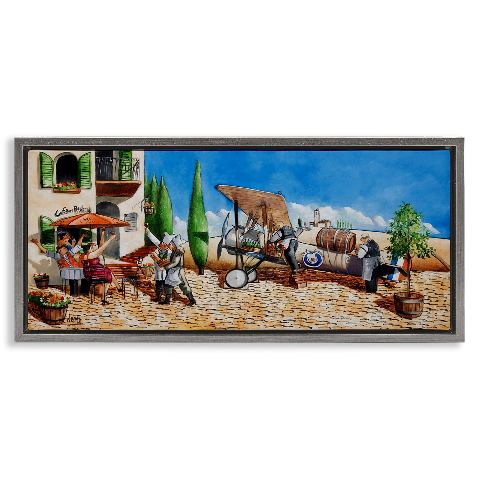Stupell Industries Café & Airplane Scene Scenery Painting Gray Floater Framed Art Print Wall Art, 31 x 14