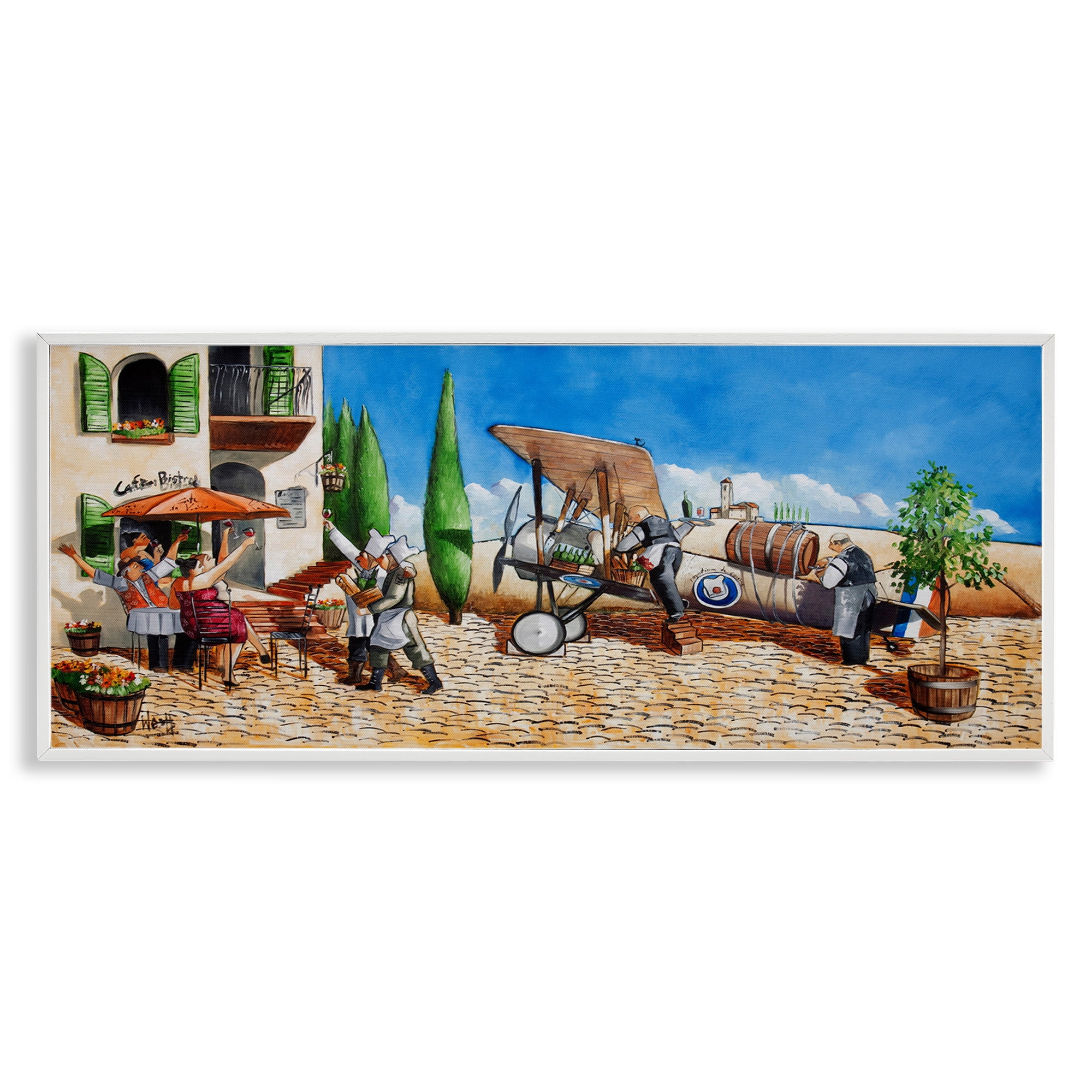 Stupell Industries Café & Airplane Scene Scenery Painting White Framed Art Print Wall Art, 30 x 13
