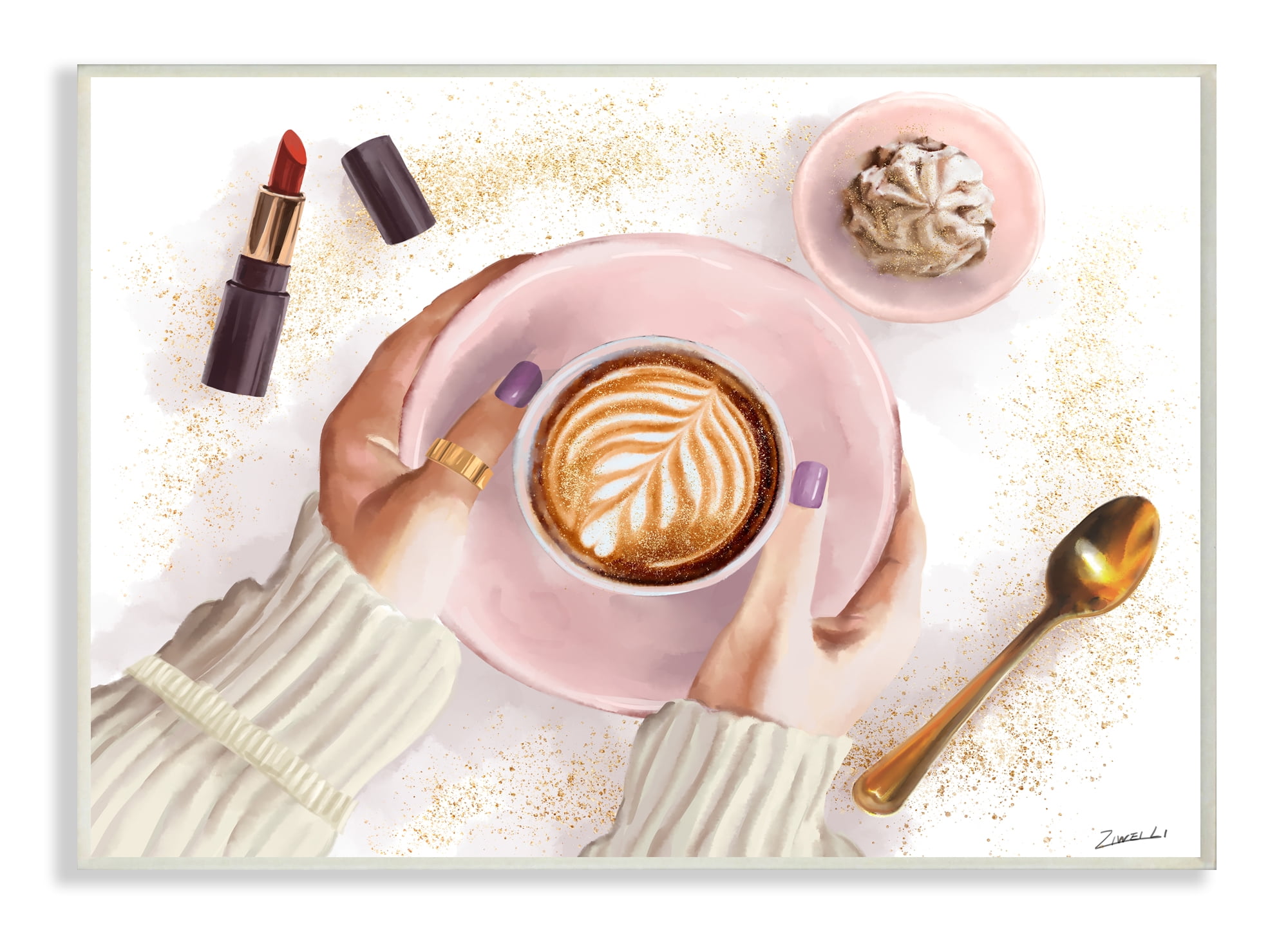Stupell Industries Café Cappuccino Cup with Glam Fashion Lipstick Wall Plaque, 10 x 15, Design by Ziwei Li
