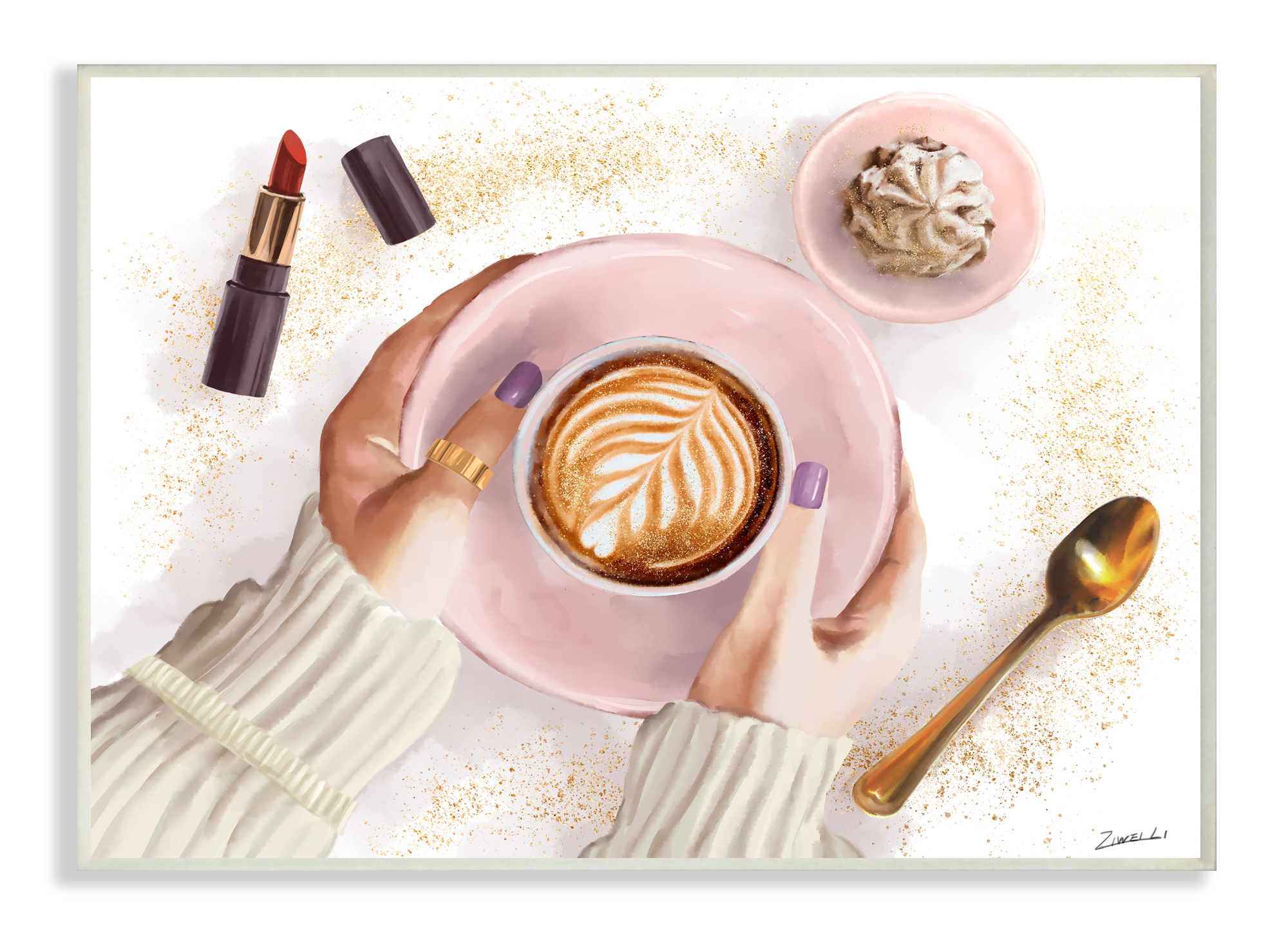 Stupell Industries Café Cappuccino Cup with Glam Fashion Lipstick Wall Plaque, 13 x 19, Design by Ziwei Li